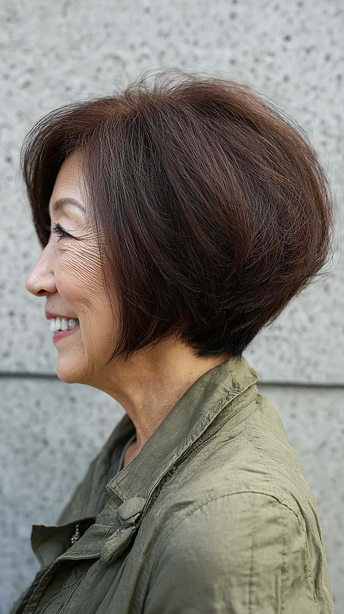 Stacked brunette bob with full rounded crown