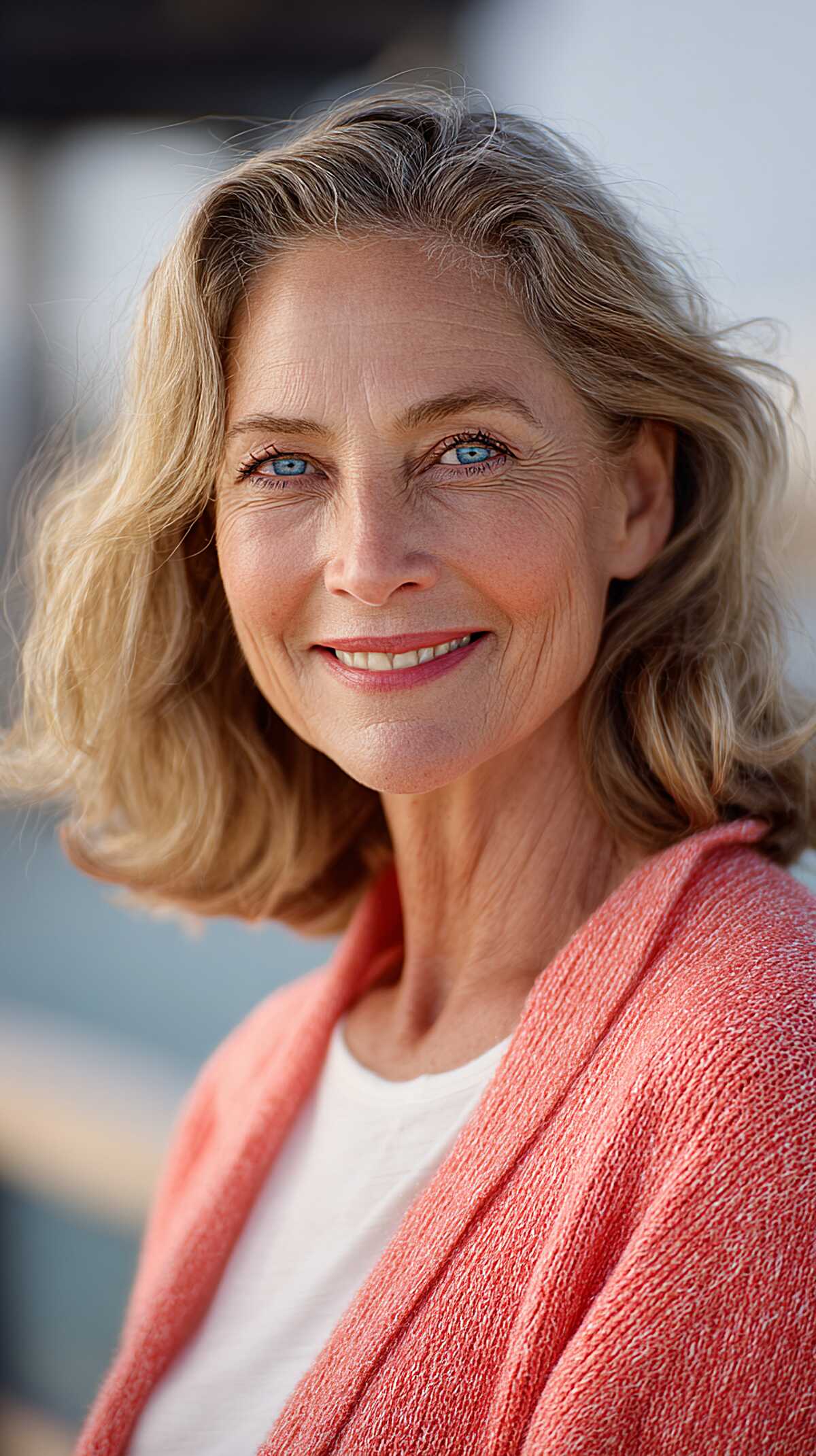 Sun-kissed blonde shoulder-length with natural waves