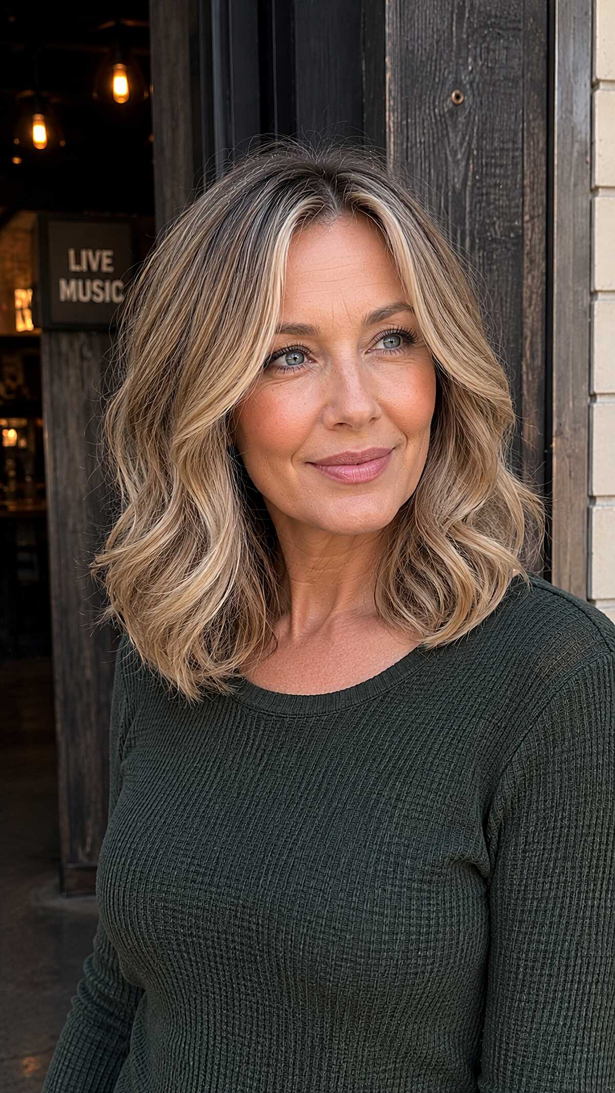 Shoulder-length blonde waves with a natural shadow root