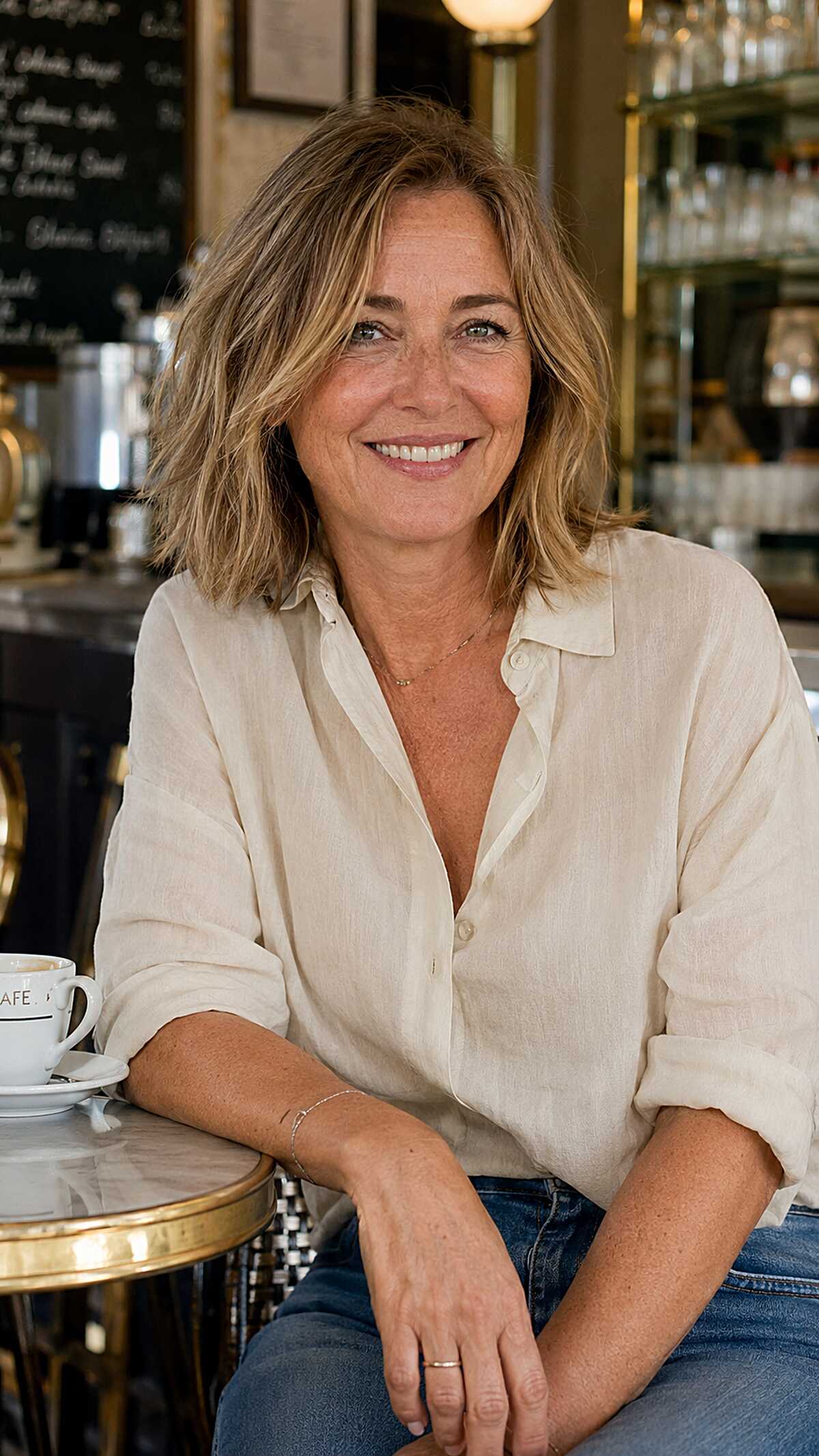 Textured blonde shoulder-length cut with lived-in waves