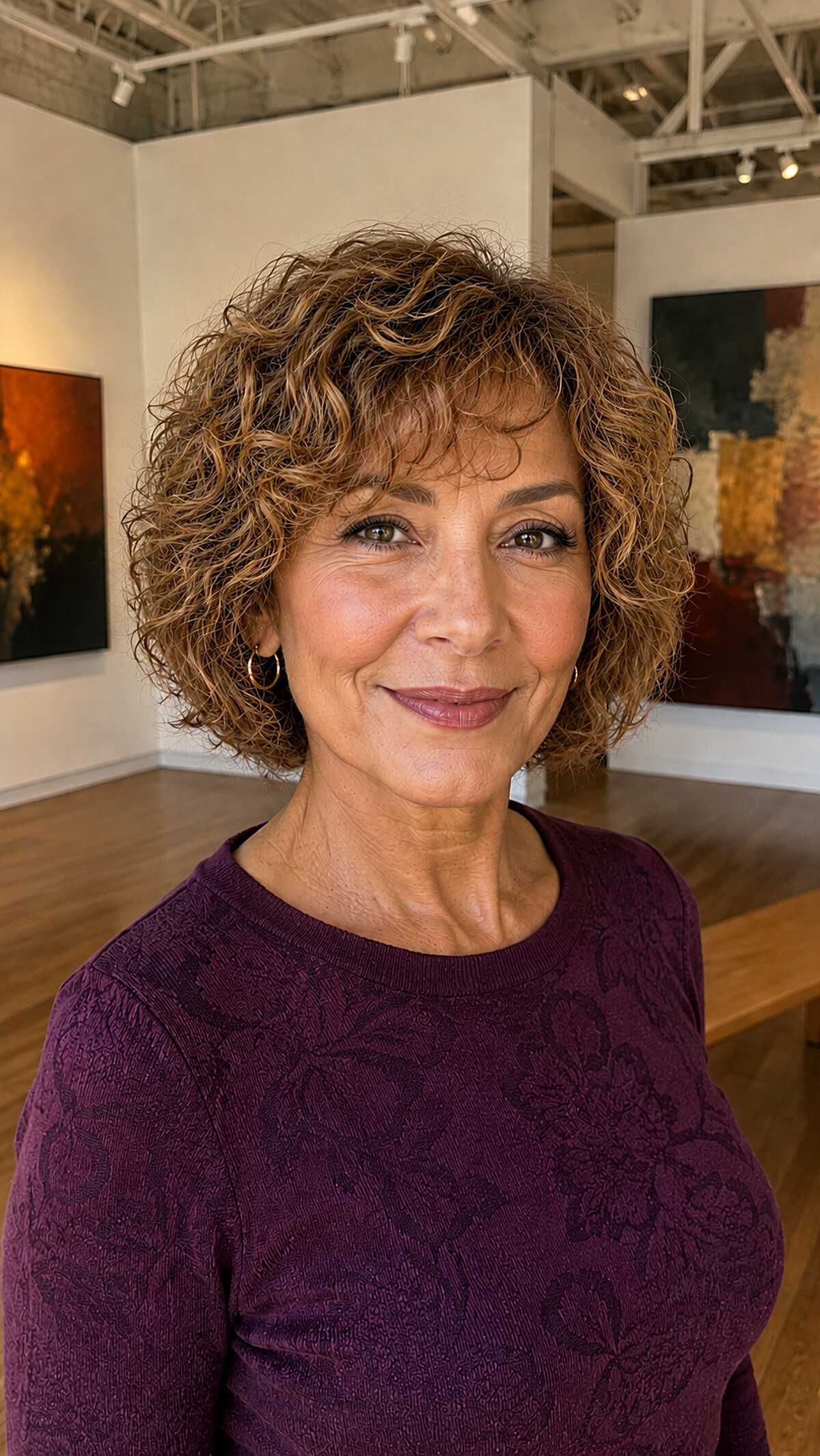 Short curly bob with honey-toned highlights on brunette