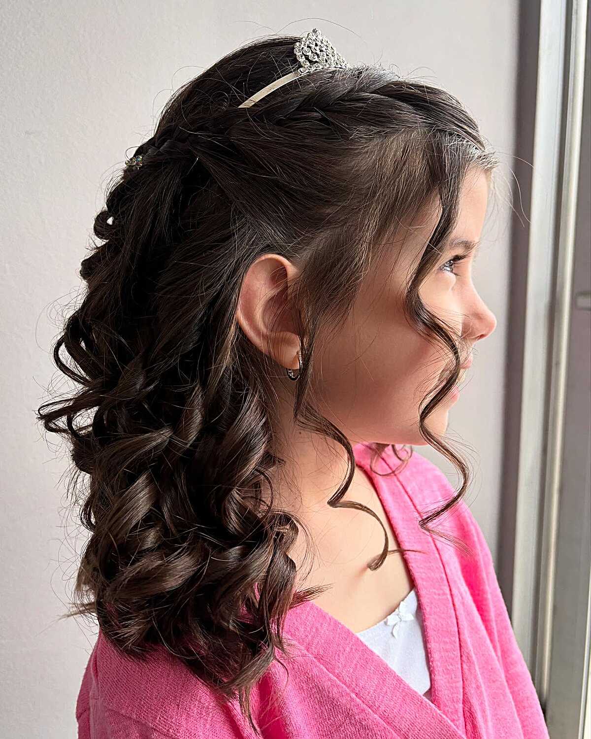 Half-down with small tiara and defined barrel curls