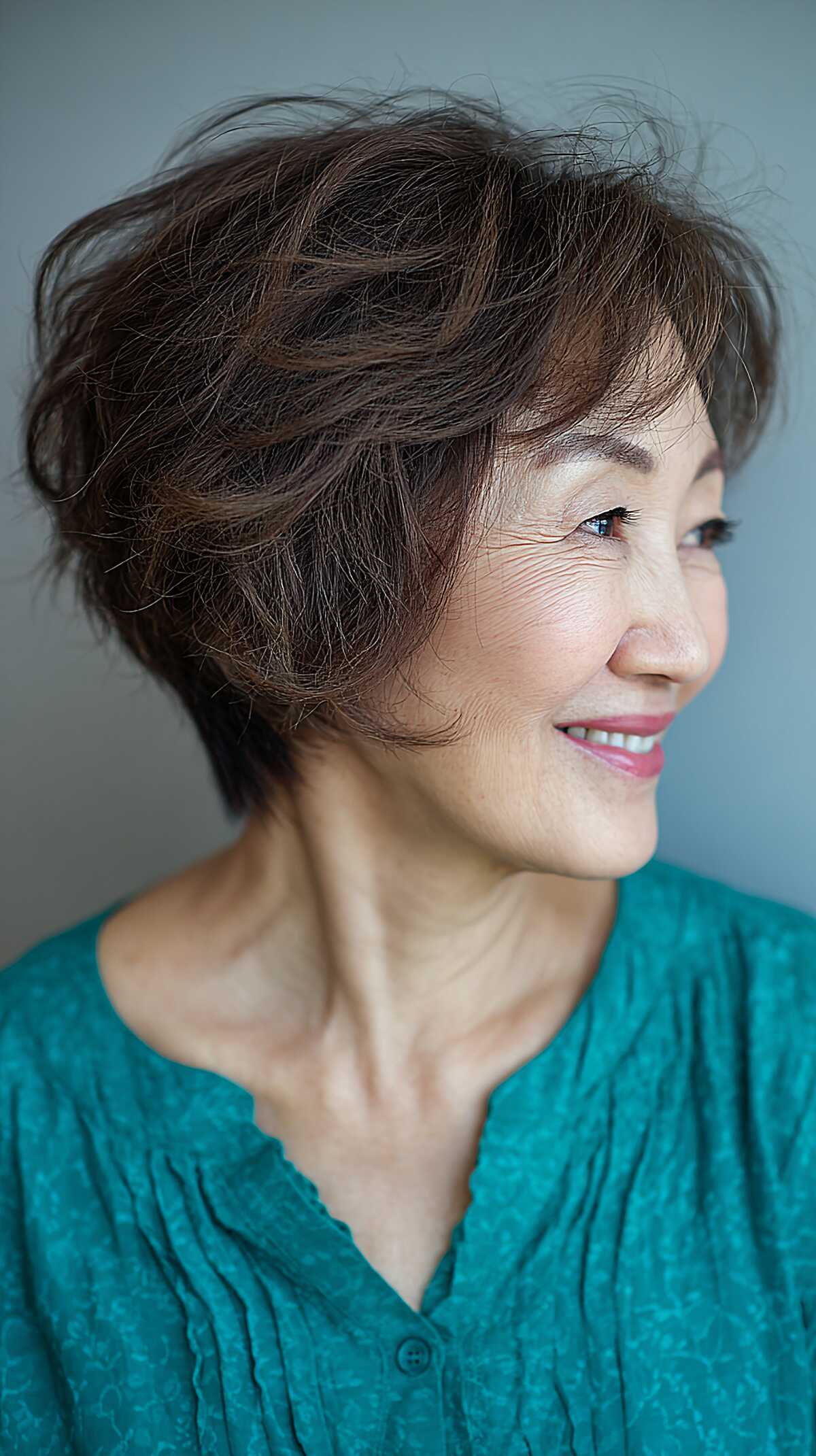 Tousled dark brunette wavy short angled bob