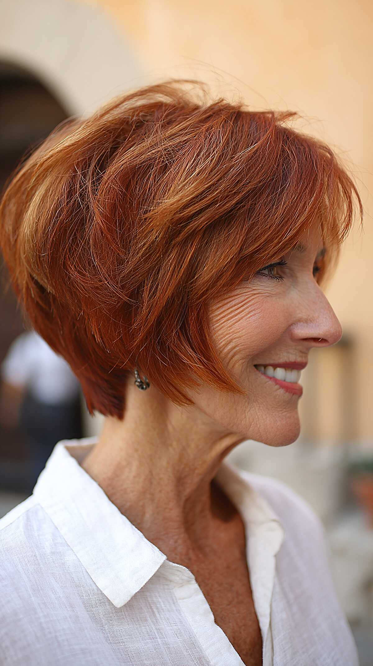 Vivid copper layered angled bob with feathered ends