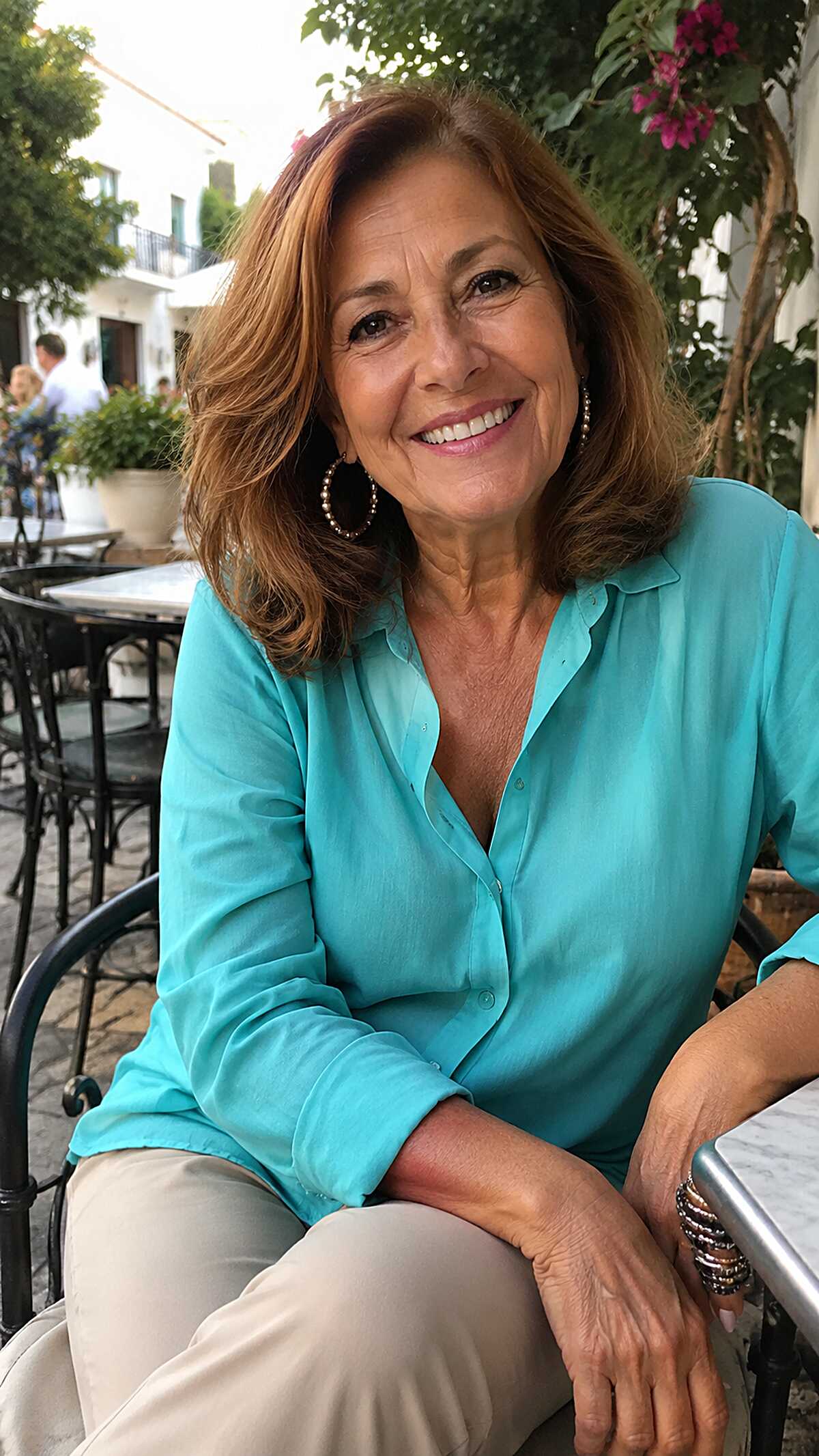 Warm auburn shoulder-length hair with soft body