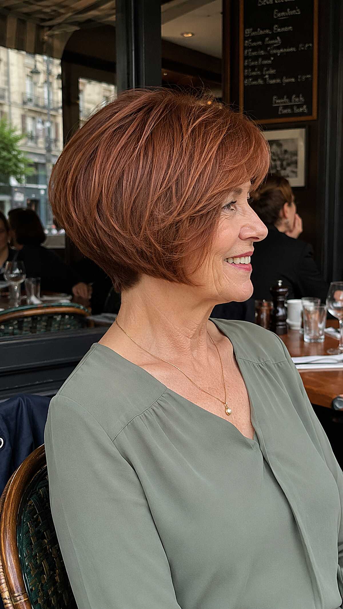 Warm auburn angled bob with stacked layers at nape