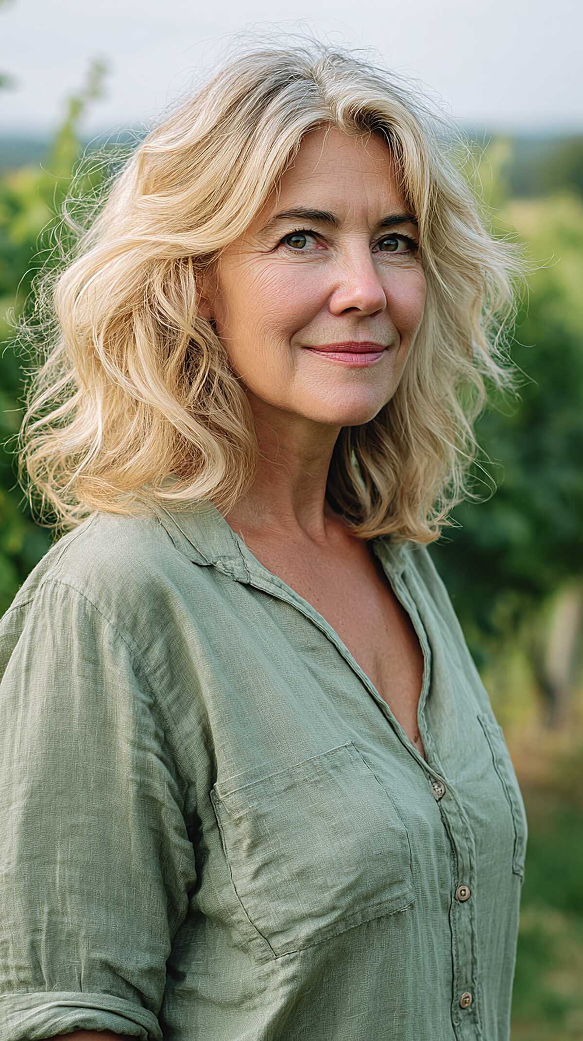Warm blonde shoulder-length waves with center part