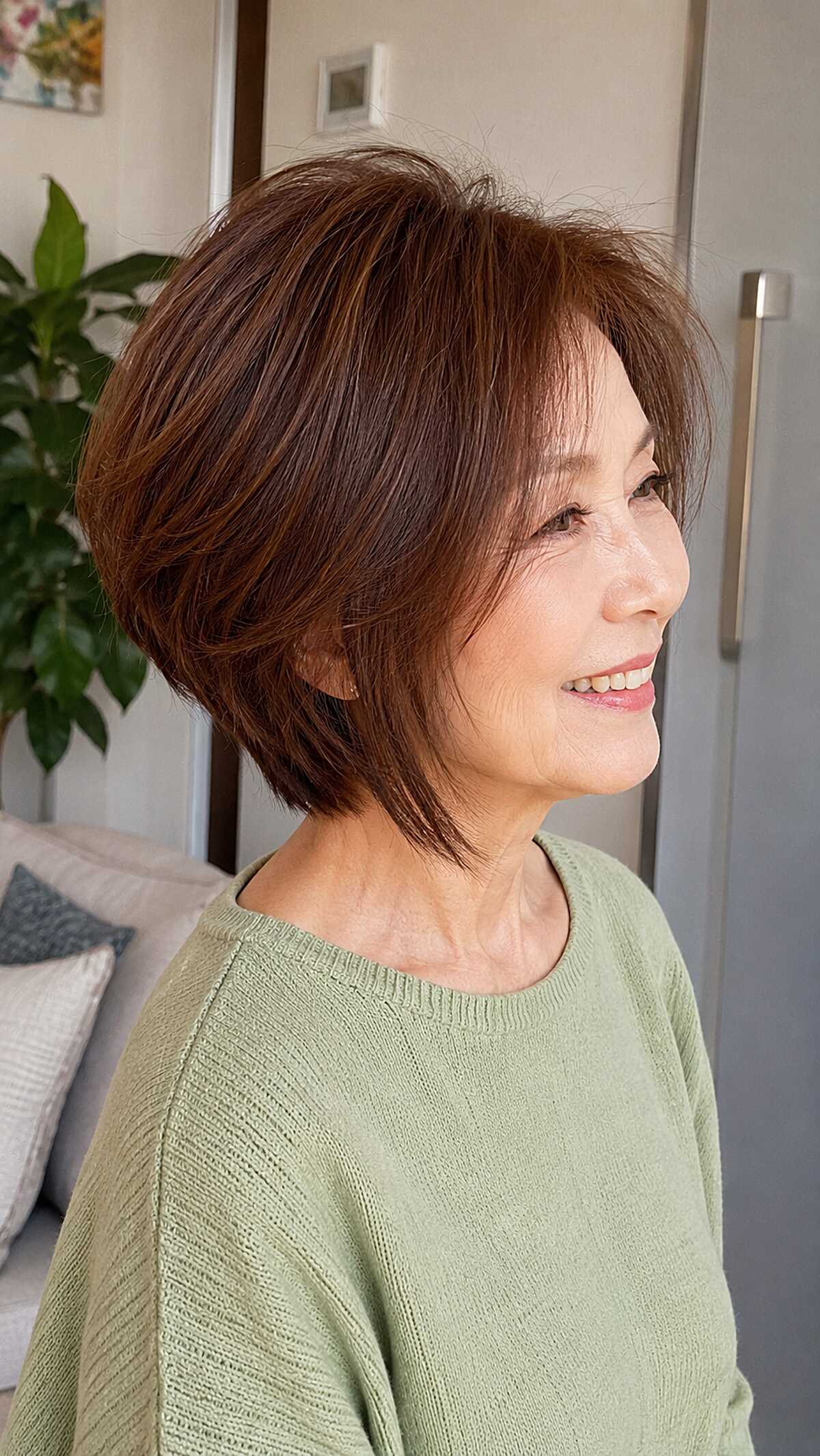 Warm chestnut chin-length angled bob with soft ends