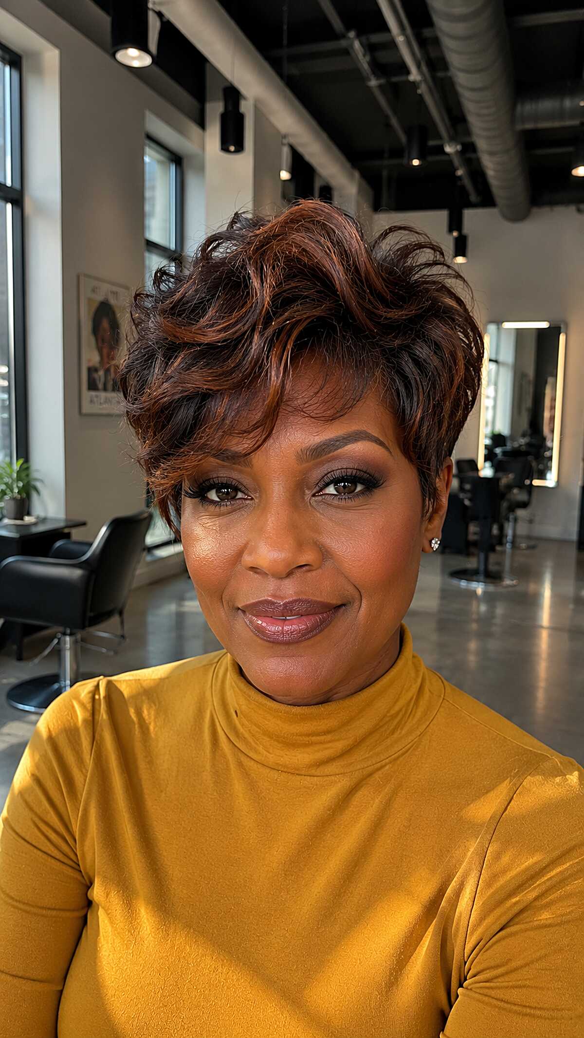 Short wavy pixie with copper and auburn swept top