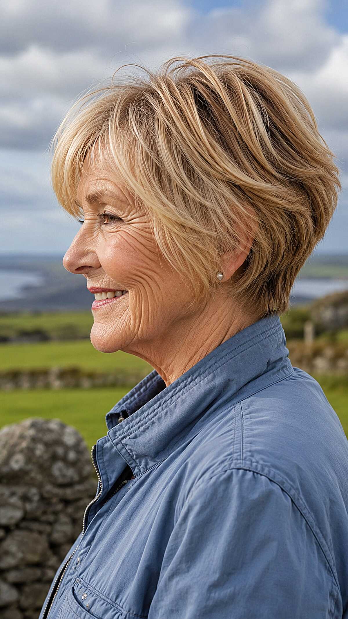 Windswept blonde textured short angled bob outdoors