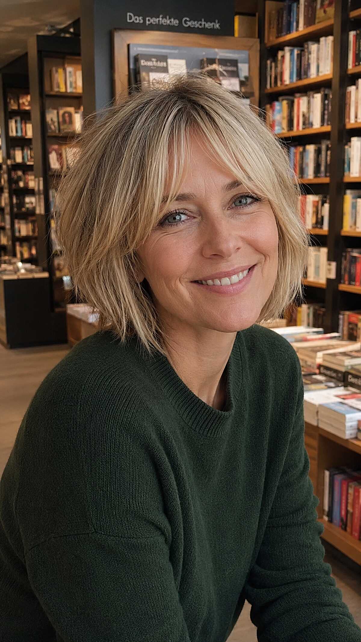 Ash blonde choppy bob with soft curtain fringe