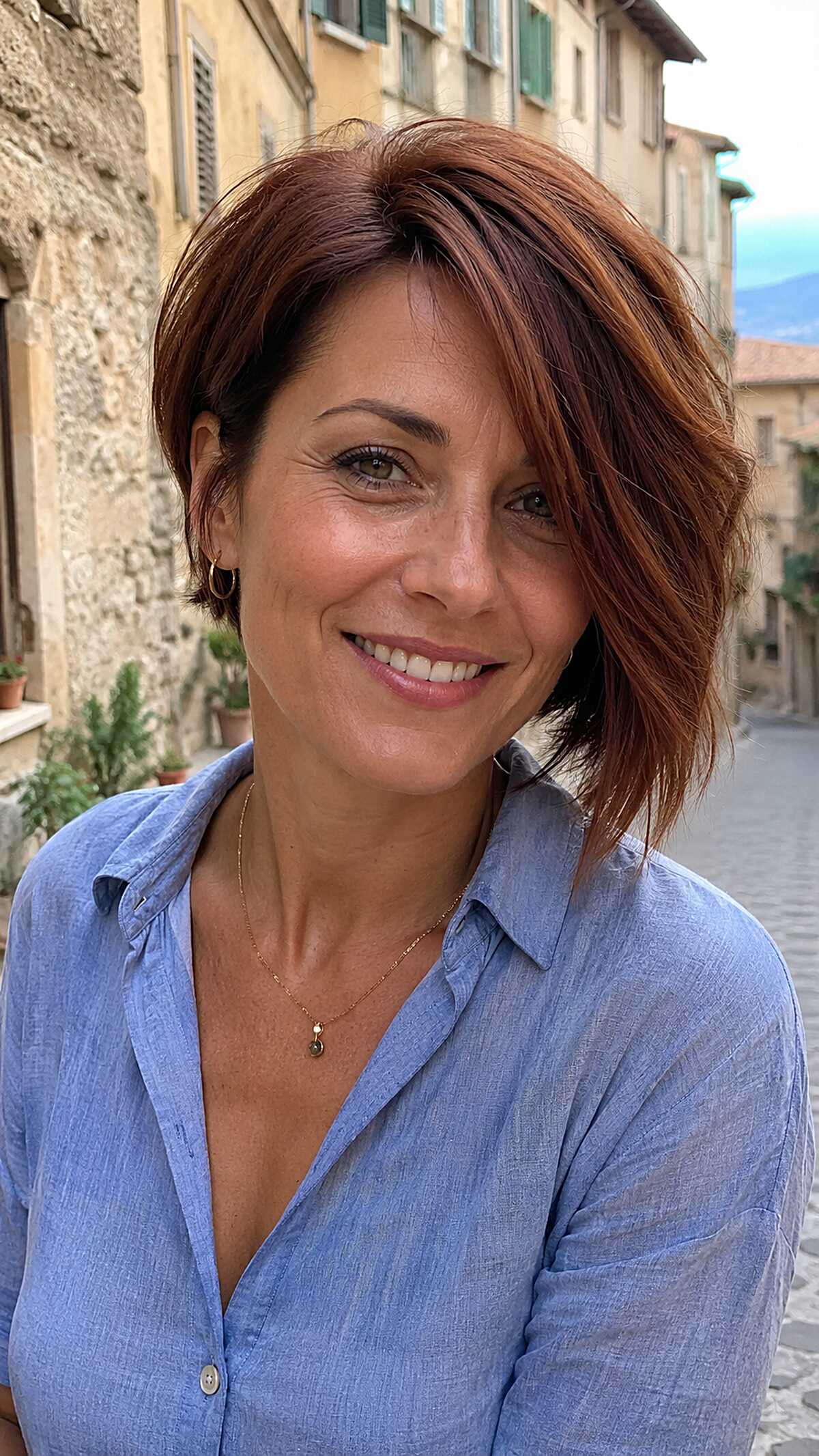 Auburn textured asymmetrical bob with side sweep