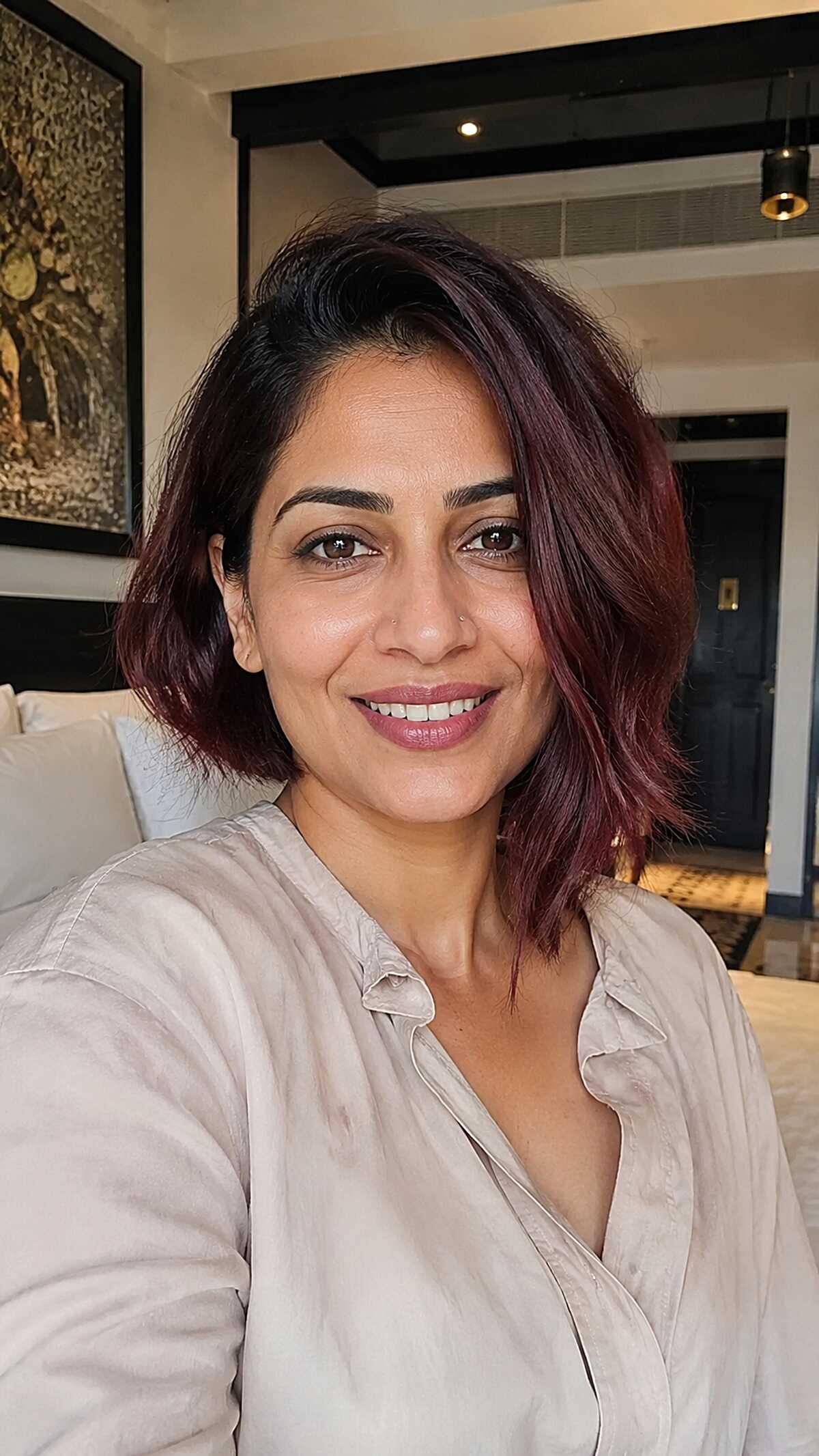 Black cherry asymmetrical bob with soft waves