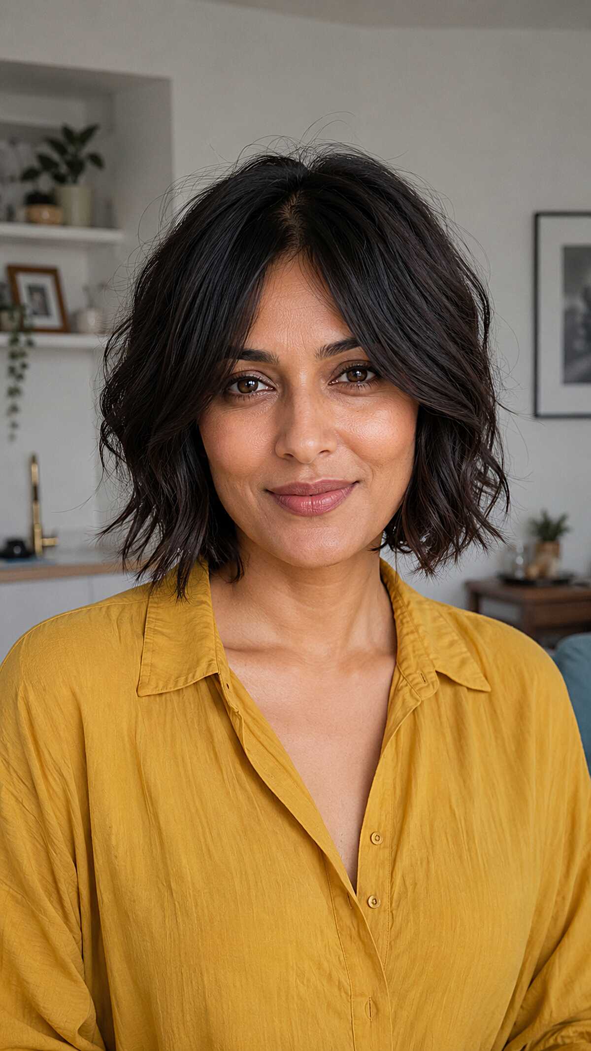 Black wavy choppy bob with subtle side part