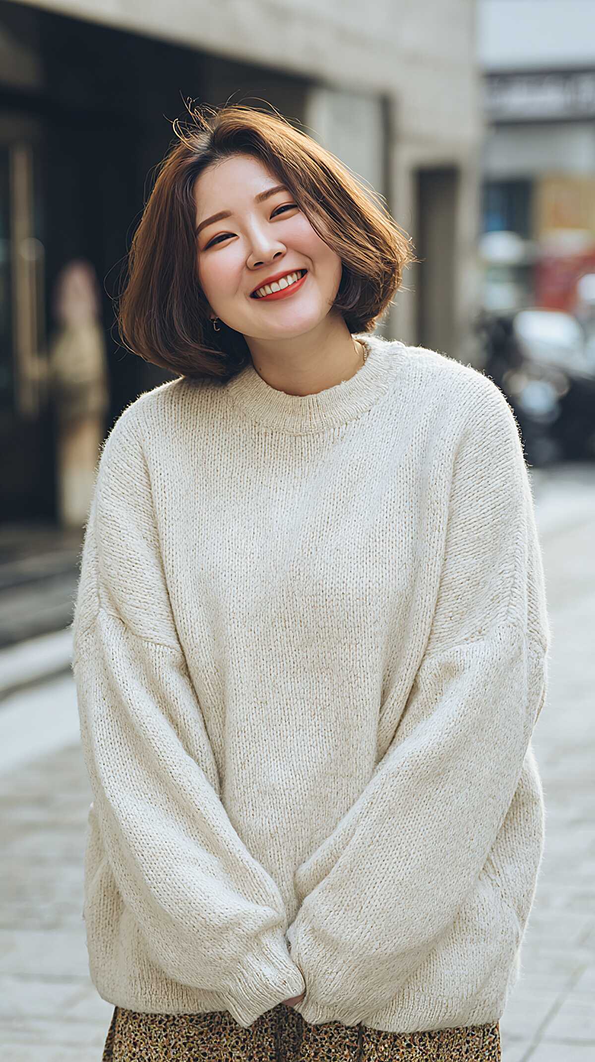 Bouncy warm brown chin-length bob with flipped ends