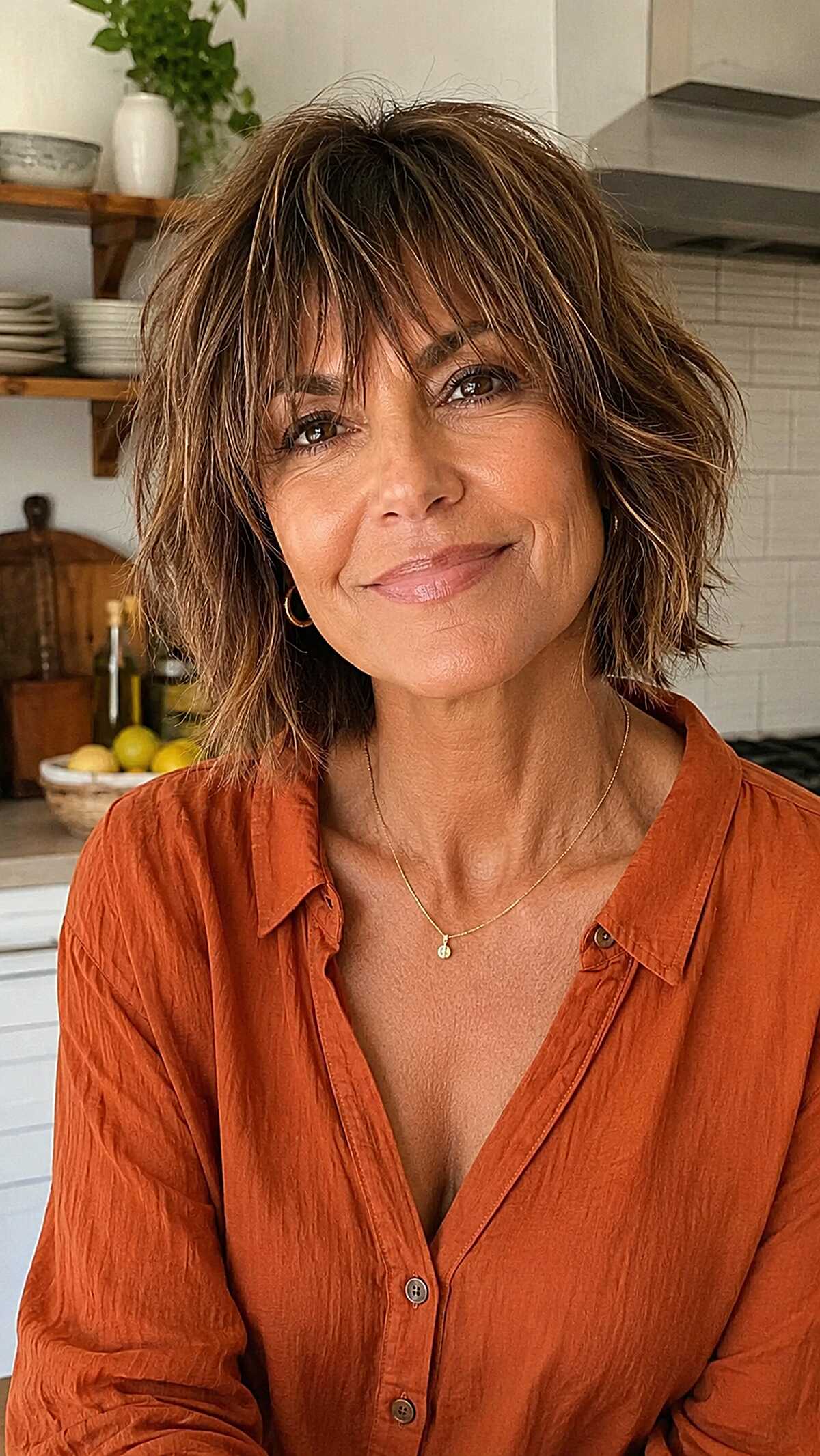 Brunette shag bob with caramel highlights and bangs