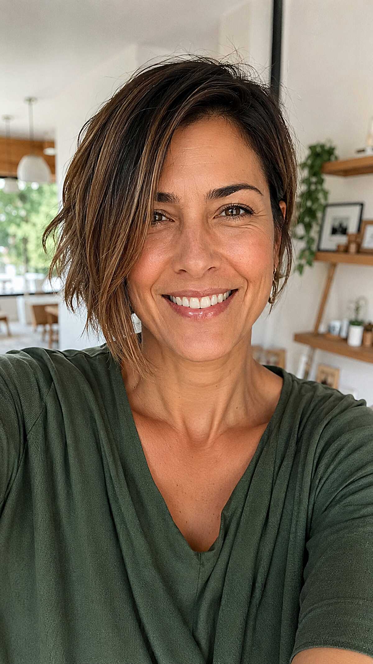 Tousled brunette asymmetrical bob with caramel balayage