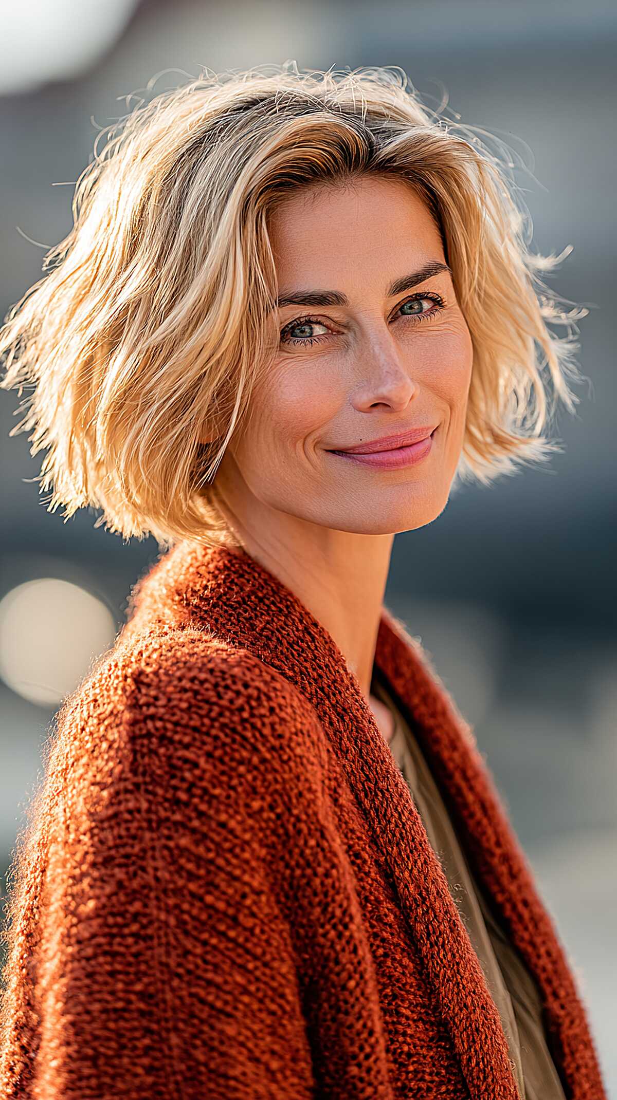 Buttery blonde short bob with piece-y textured ends