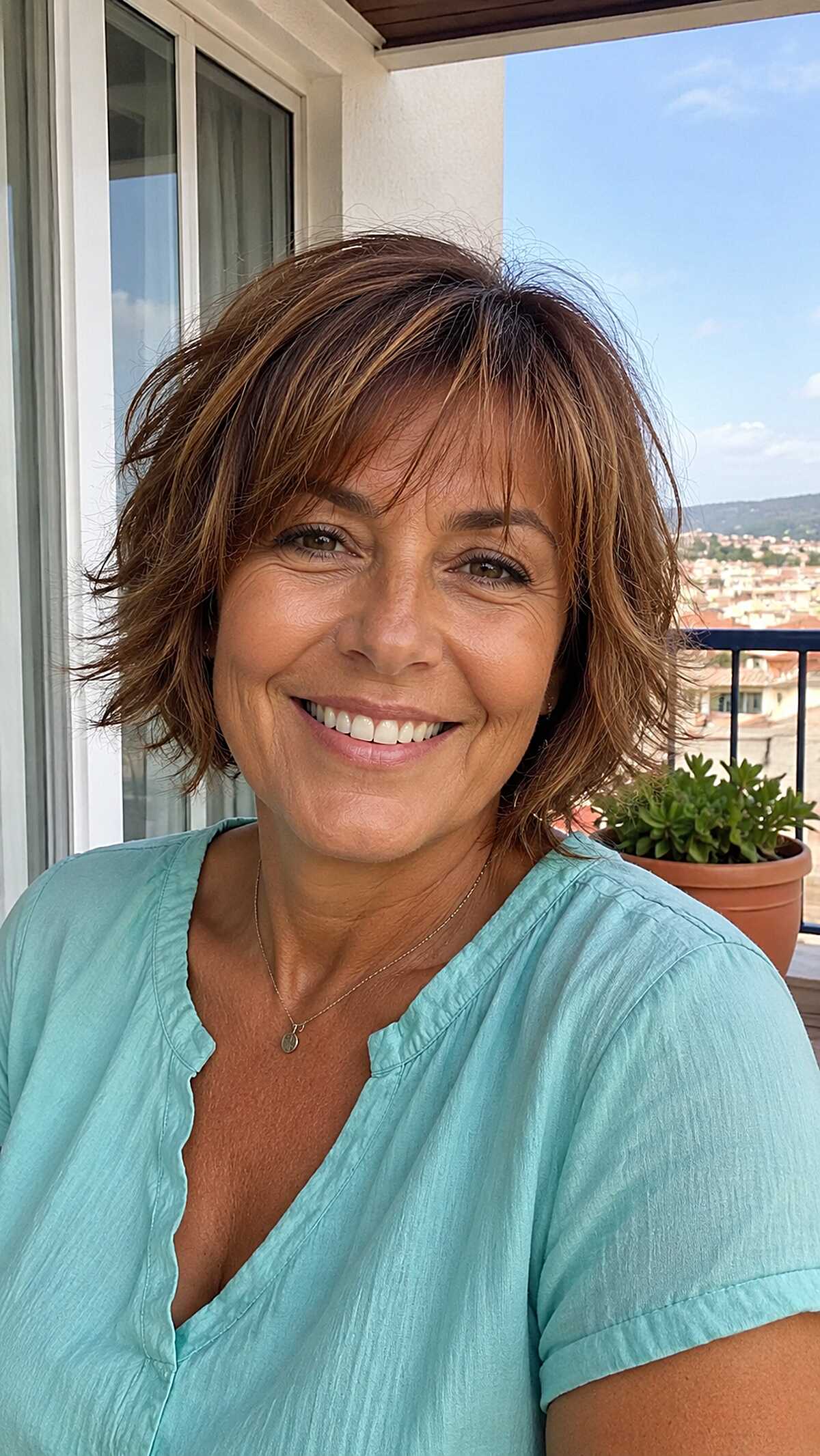 Caramel highlighted choppy bob with layered fringe