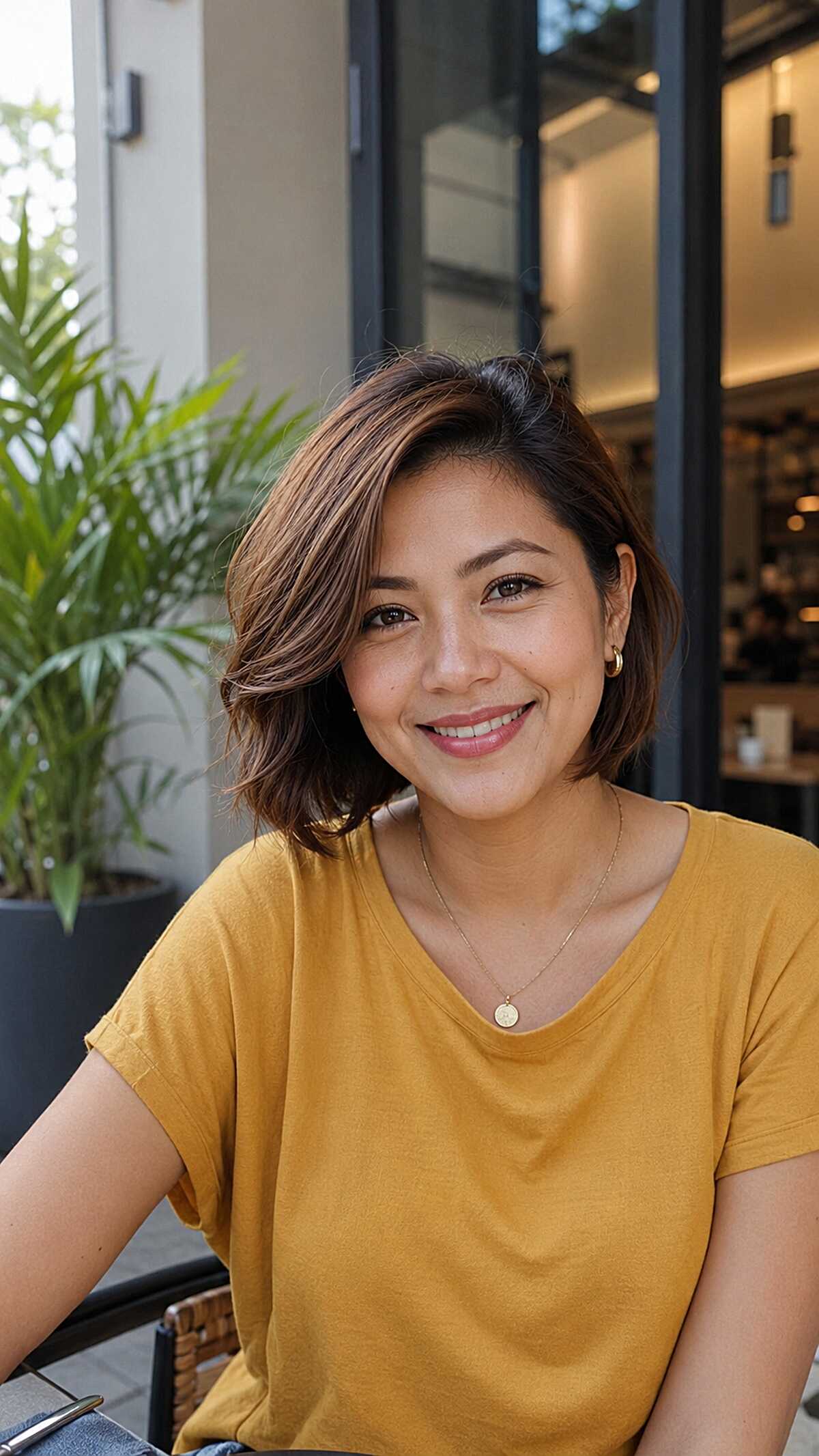 Caramel highlighted chin-length asymmetrical bob