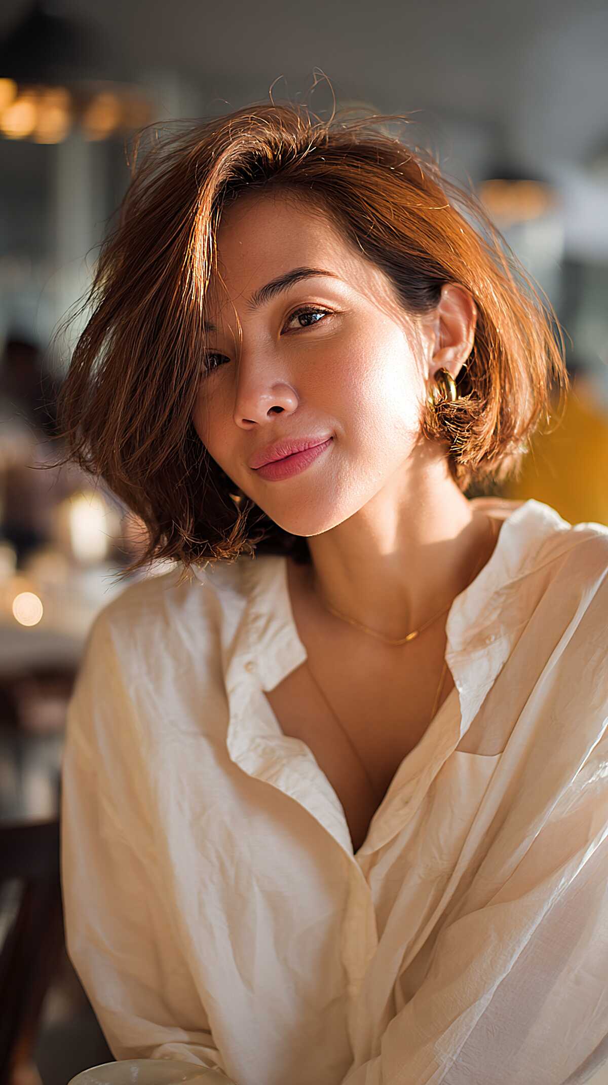 Short chestnut bob with sleek piece-y texture