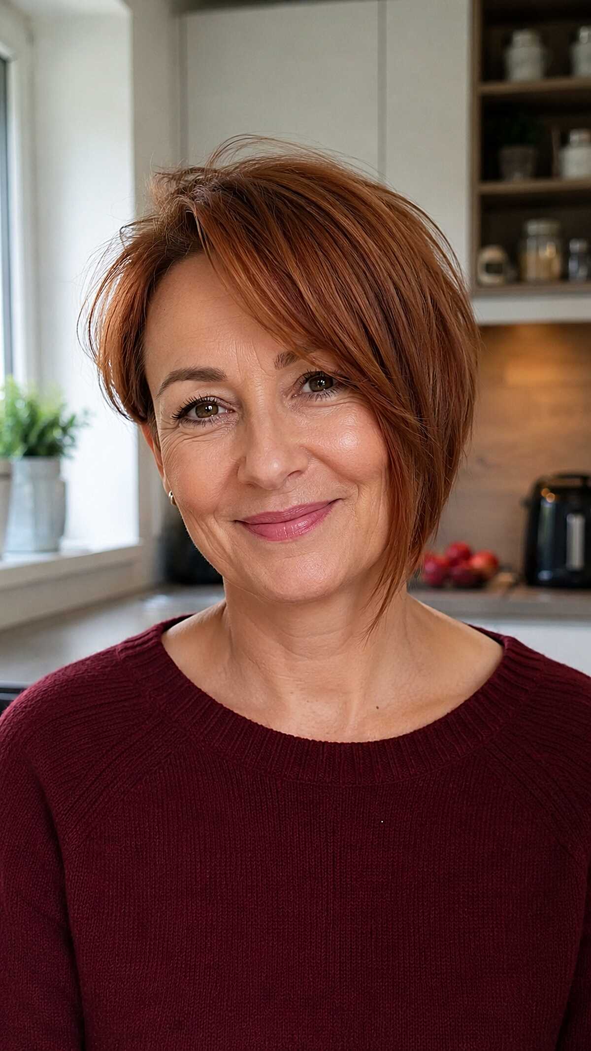 Short copper asymmetrical cut between pixie and bob