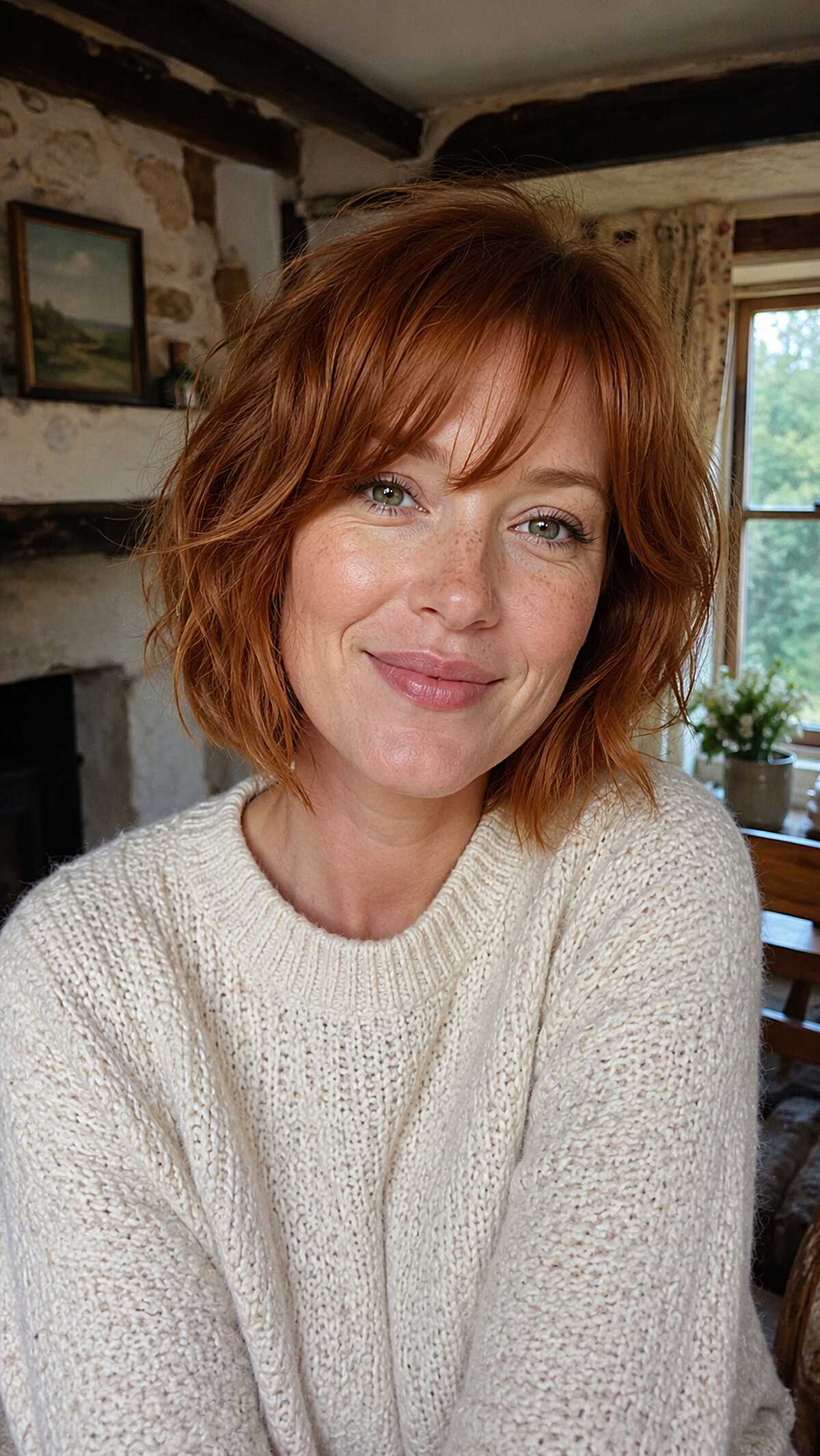 Copper red choppy bob with soft wispy bangs
