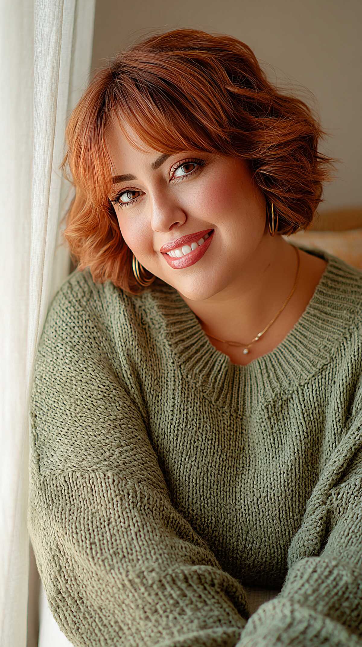 Copper red wavy short bob with curtain bangs
