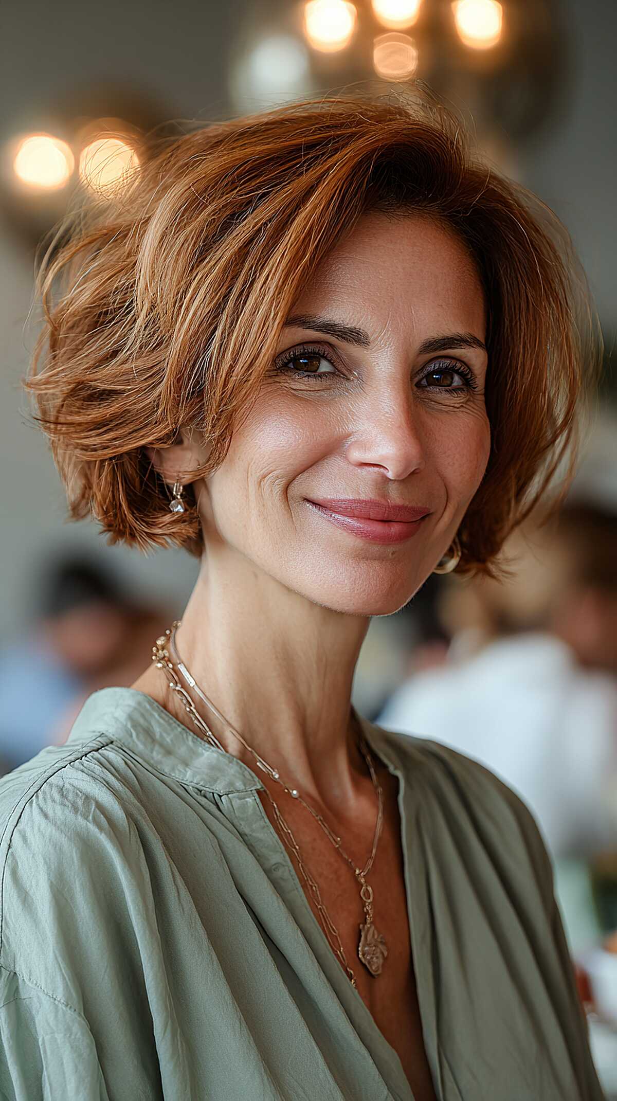 Copper-toned feathered short bob with textured layers