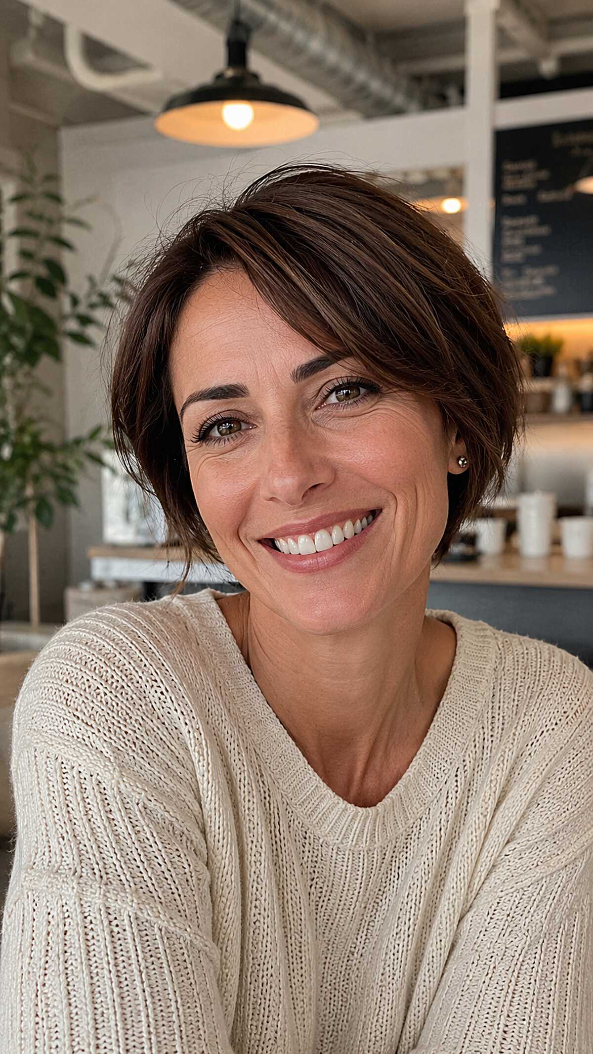 Short cropped brunette bob with textured side bangs