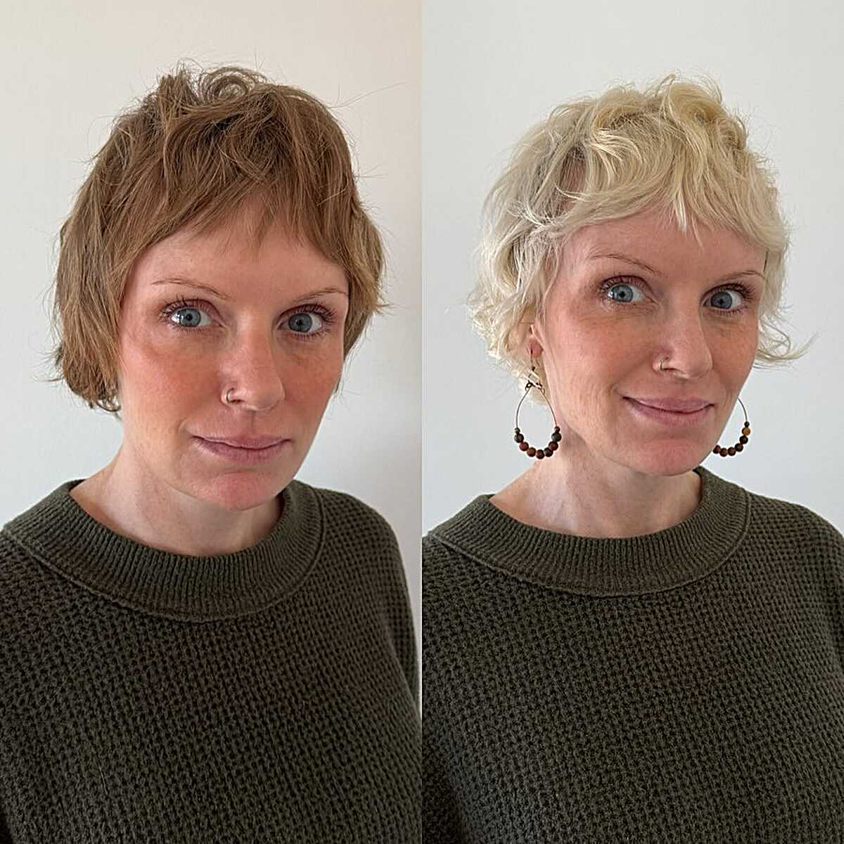 Before and after curly bixie transformation with blonde color