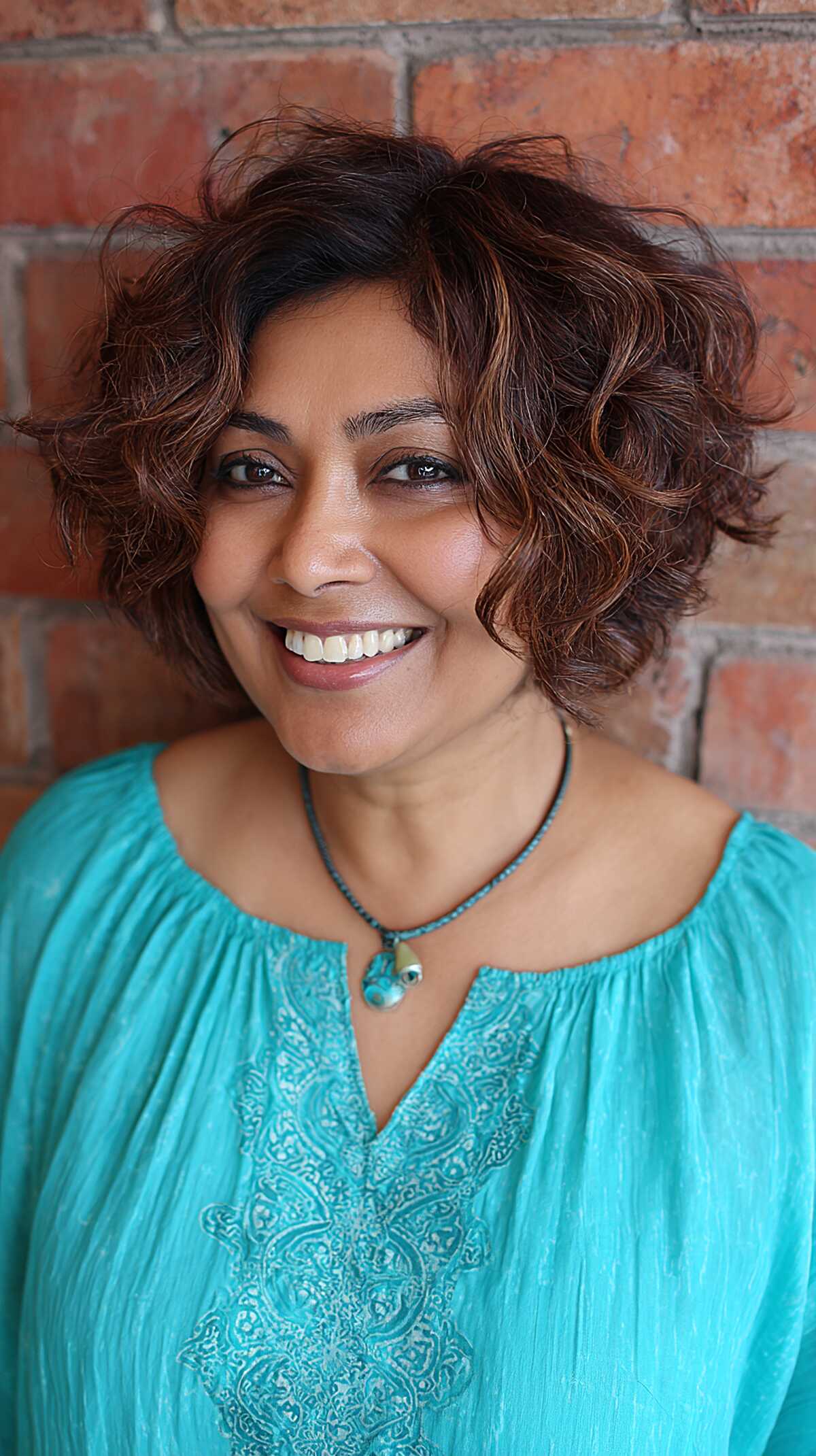 Curly dark brown bob with caramel highlights