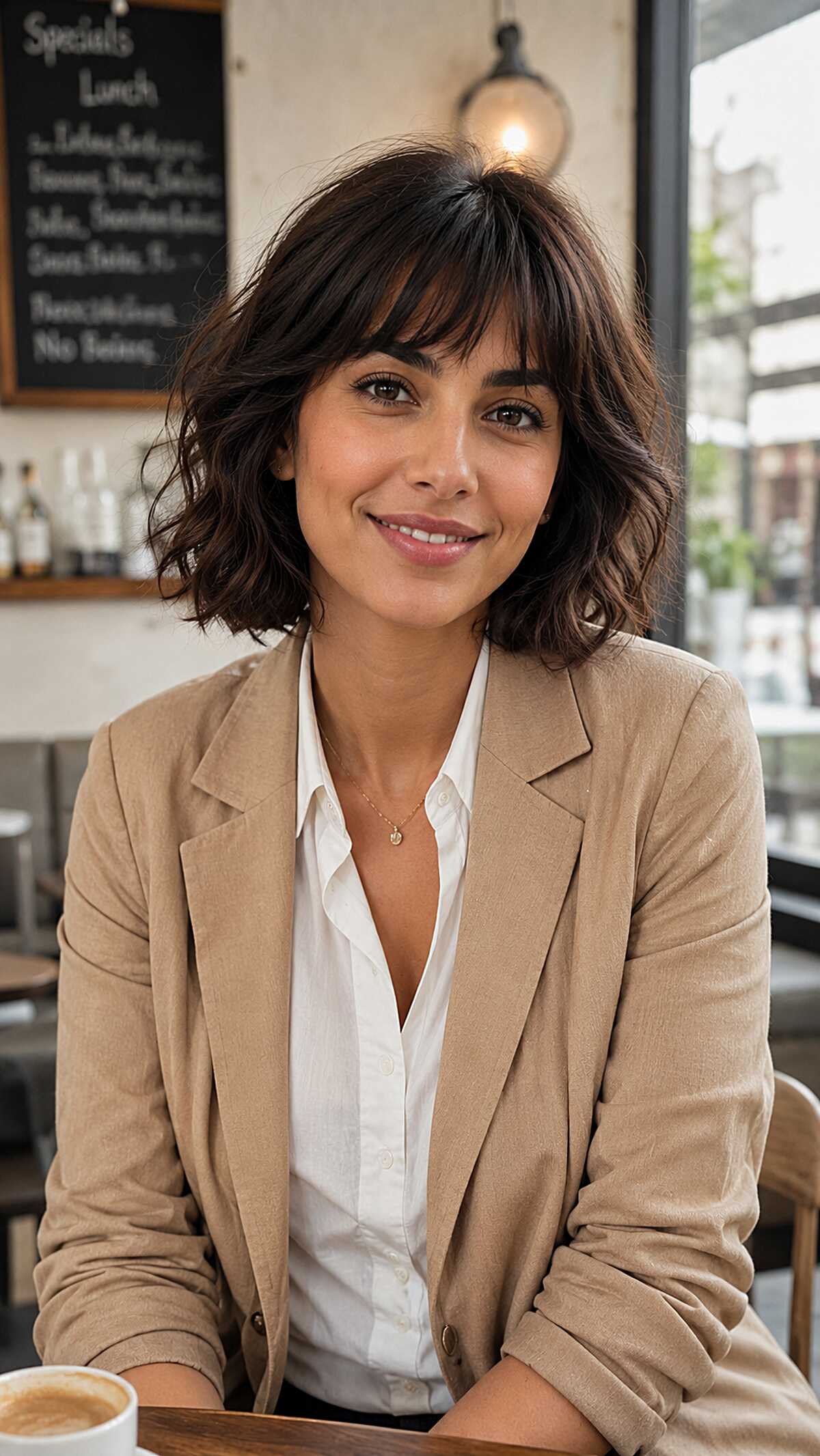 Dark brunette wavy choppy bob with curtain bangs