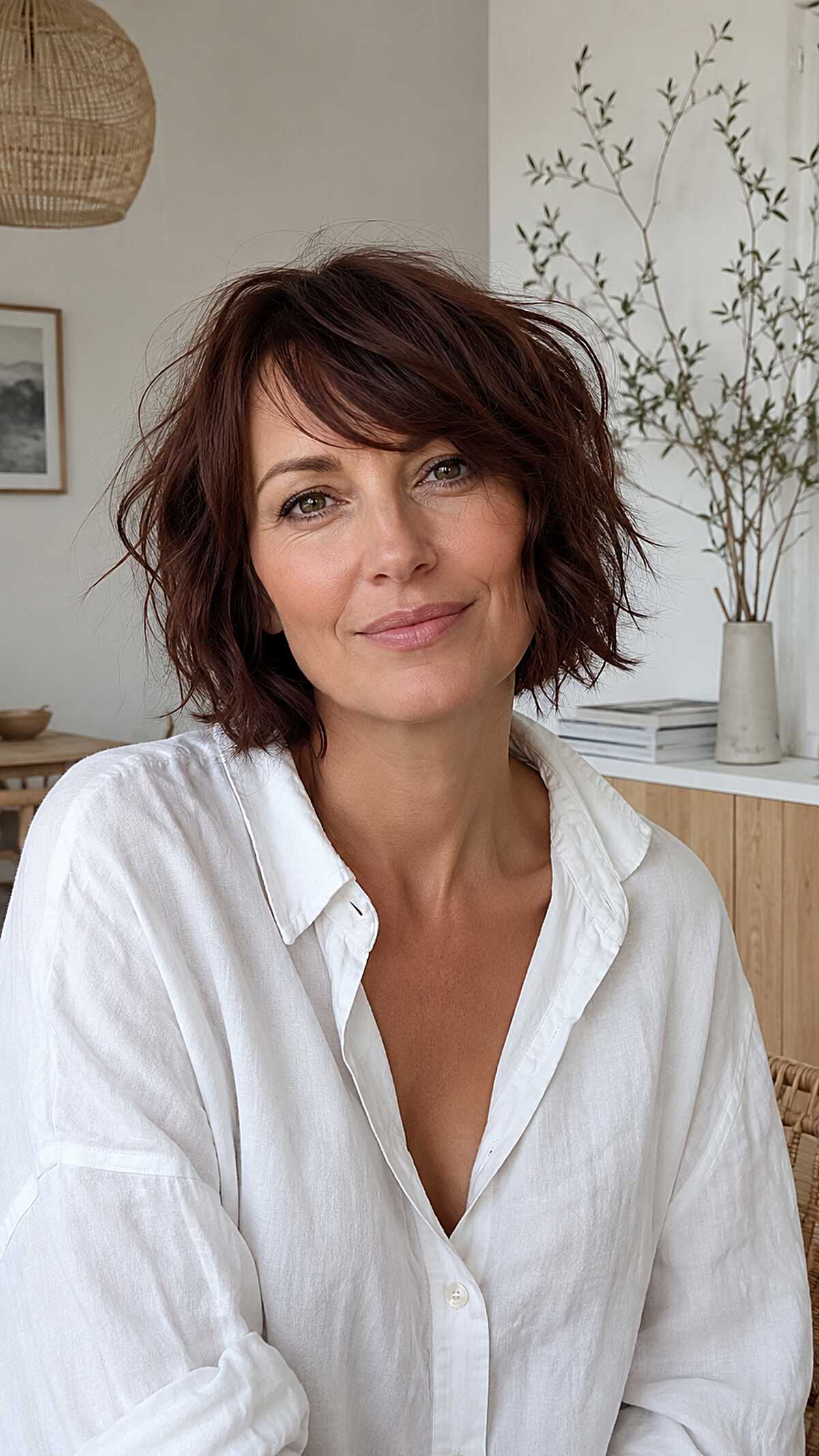 Deep auburn wavy choppy bob with tousled bangs
