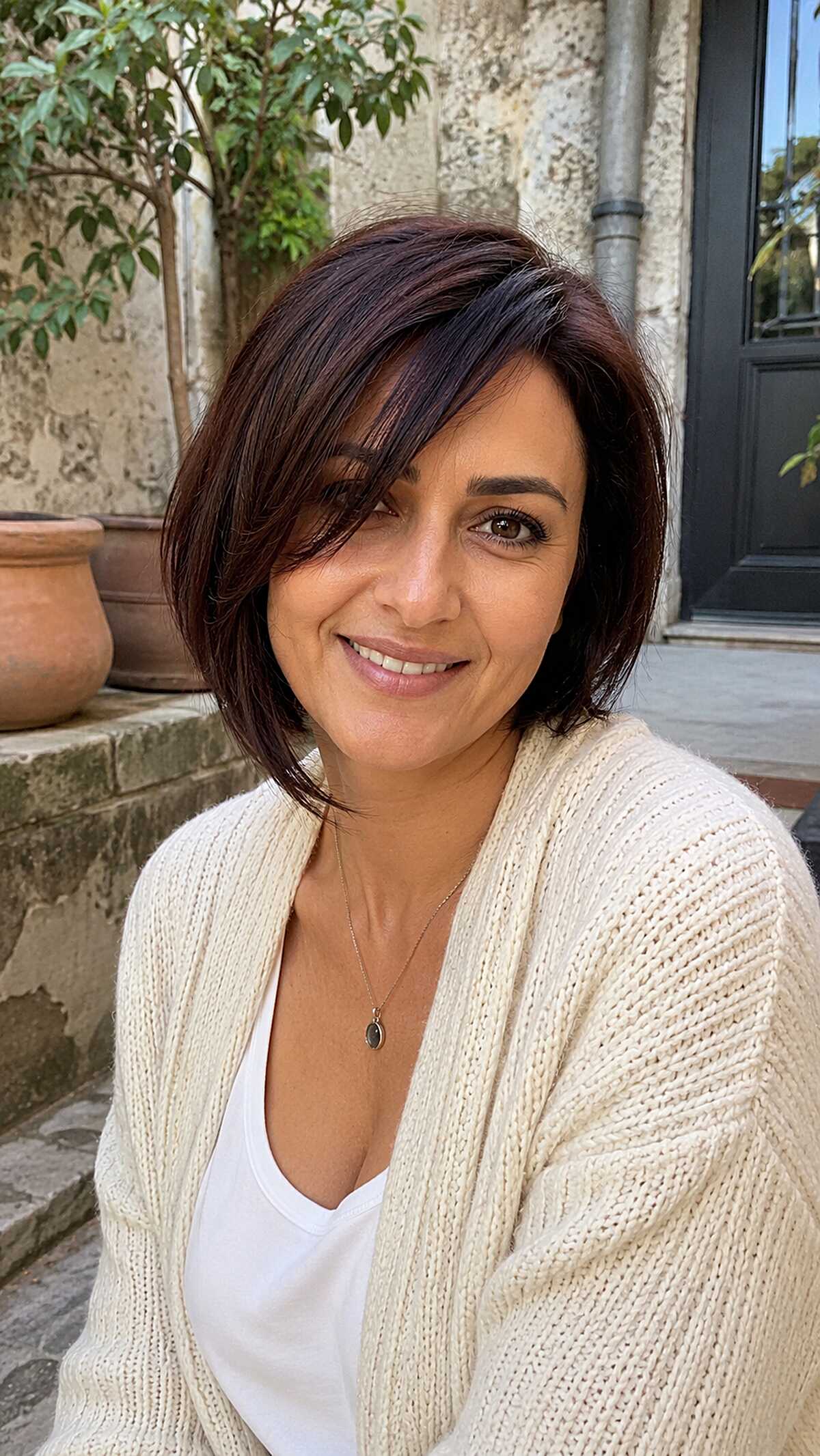 Deep plum polished asymmetrical bob with layers