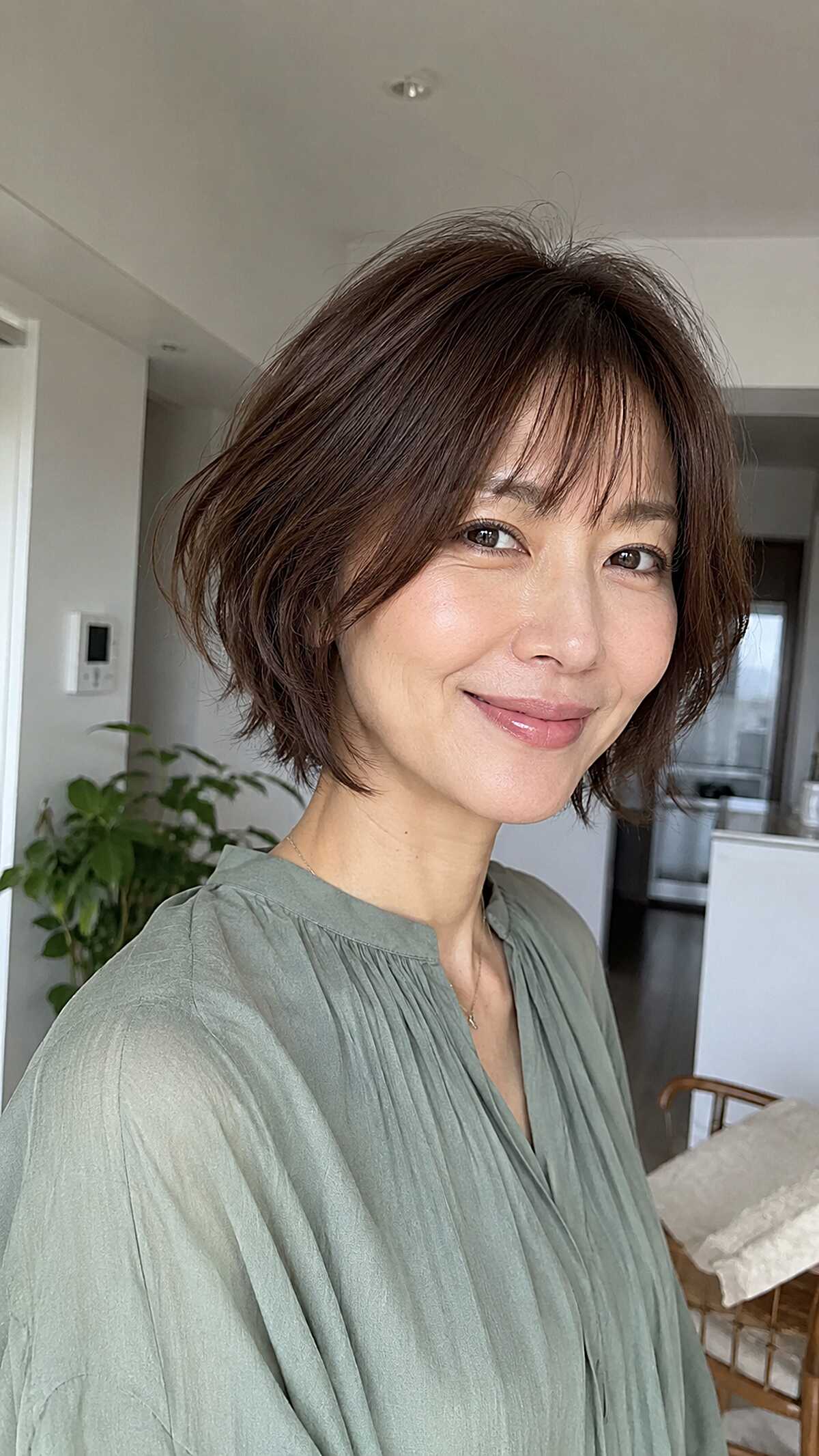 Short feathered brunette bob with side-swept fringe