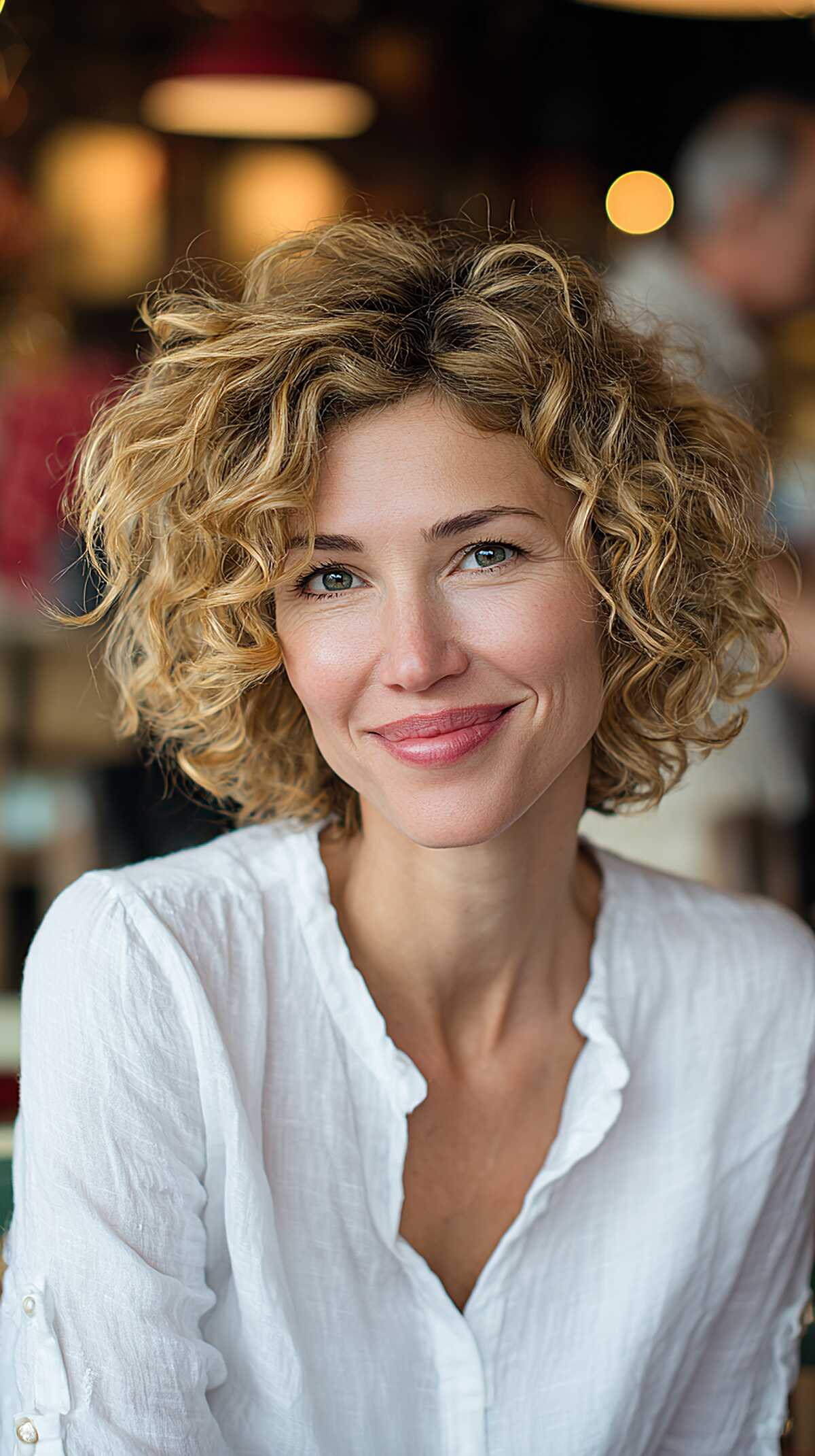 Golden blonde curly bob with natural springy curls