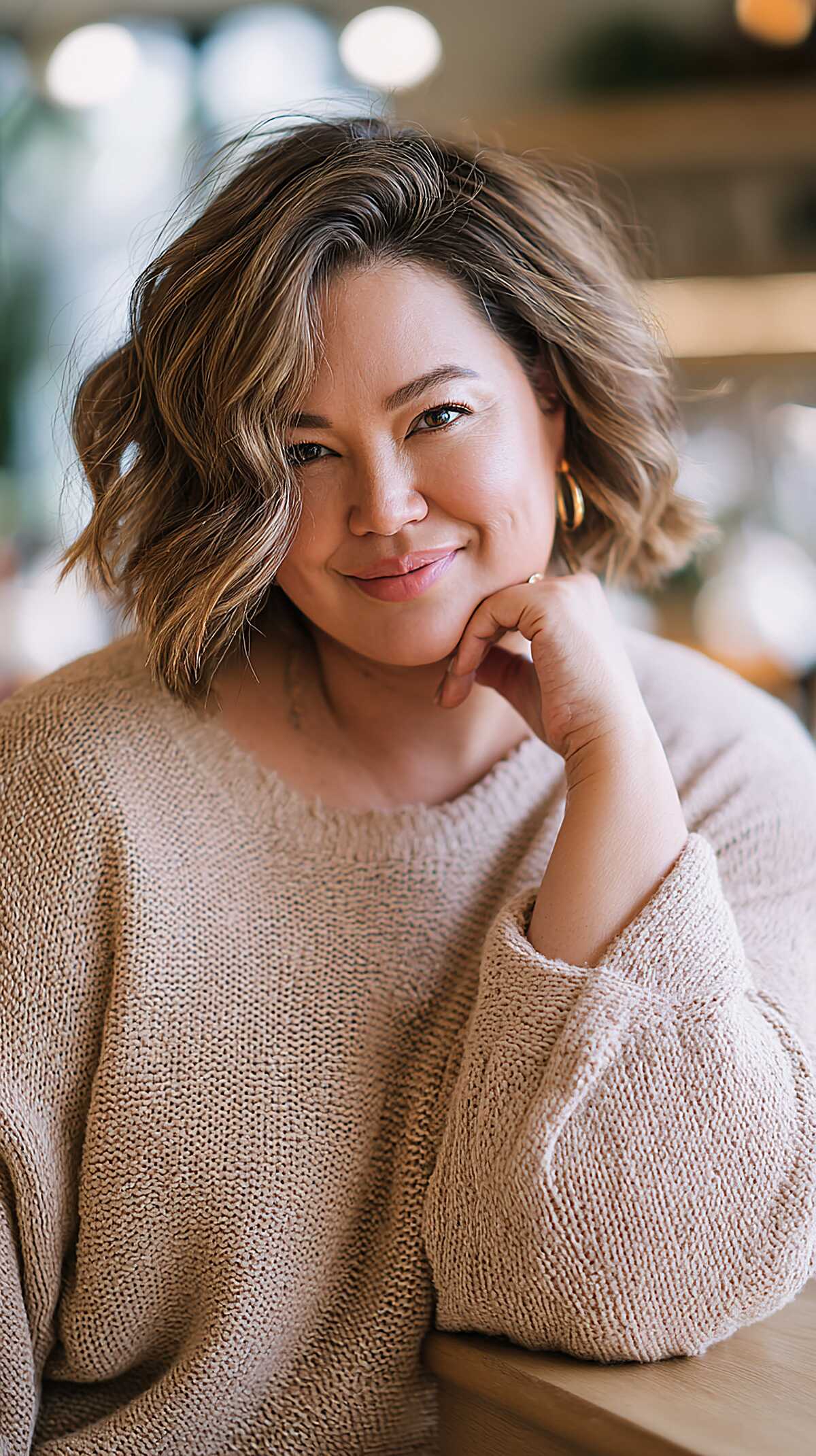 Dimensional balayage wavy bob with caramel highlights