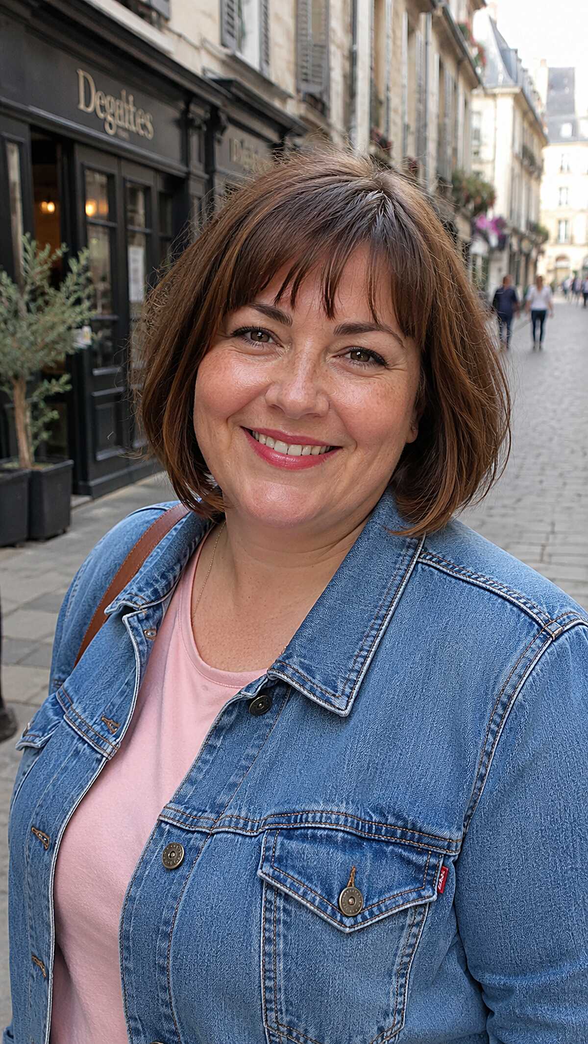 Layered brunette chin-length bob with wispy bangs