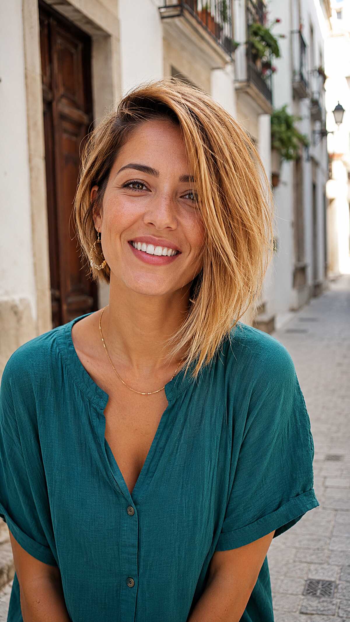Lived-in honey blonde choppy asymmetrical bob