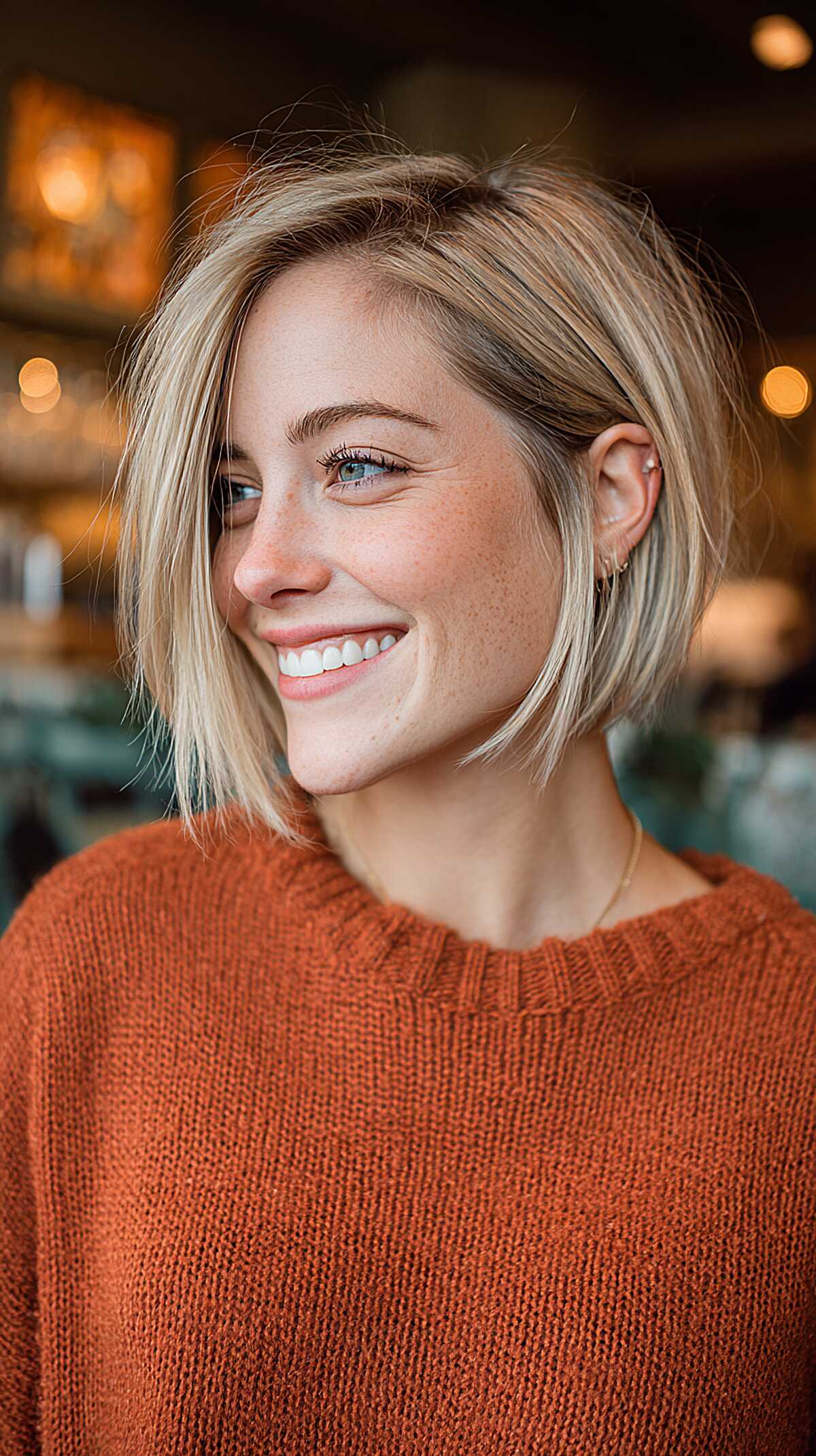 Minimalist blunt blonde asymmetrical bob
