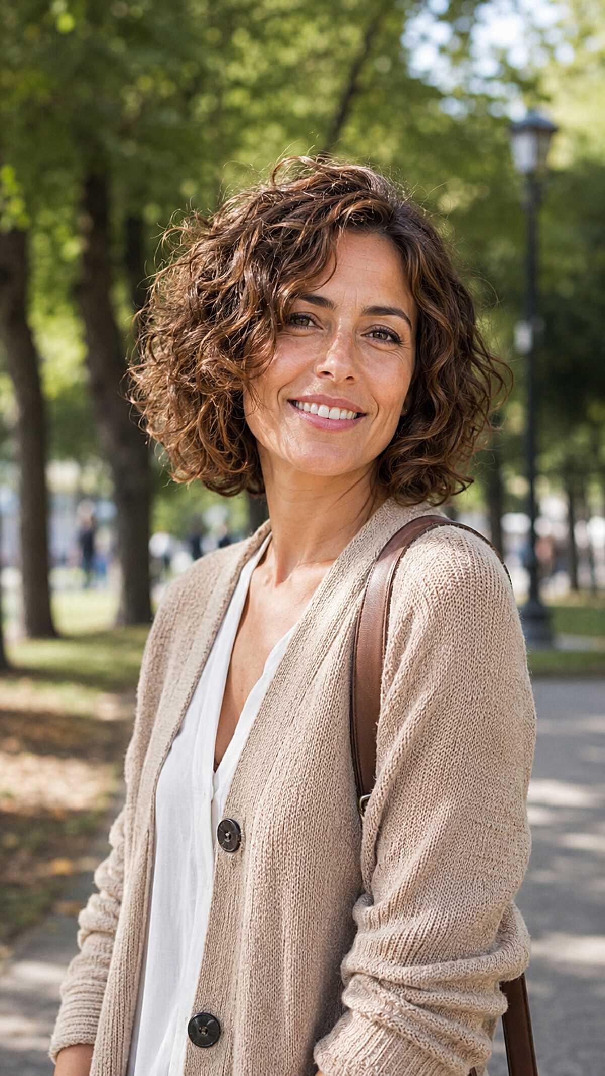 Natural brunette curly bob with caramel sun glints