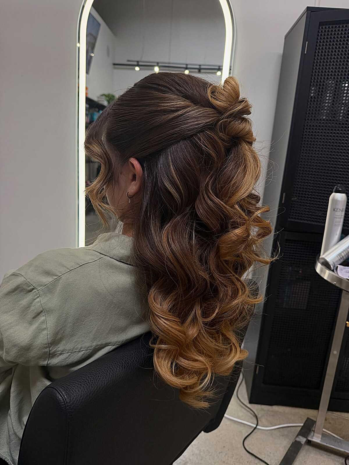 Ombré brown to caramel half up with twisted bun