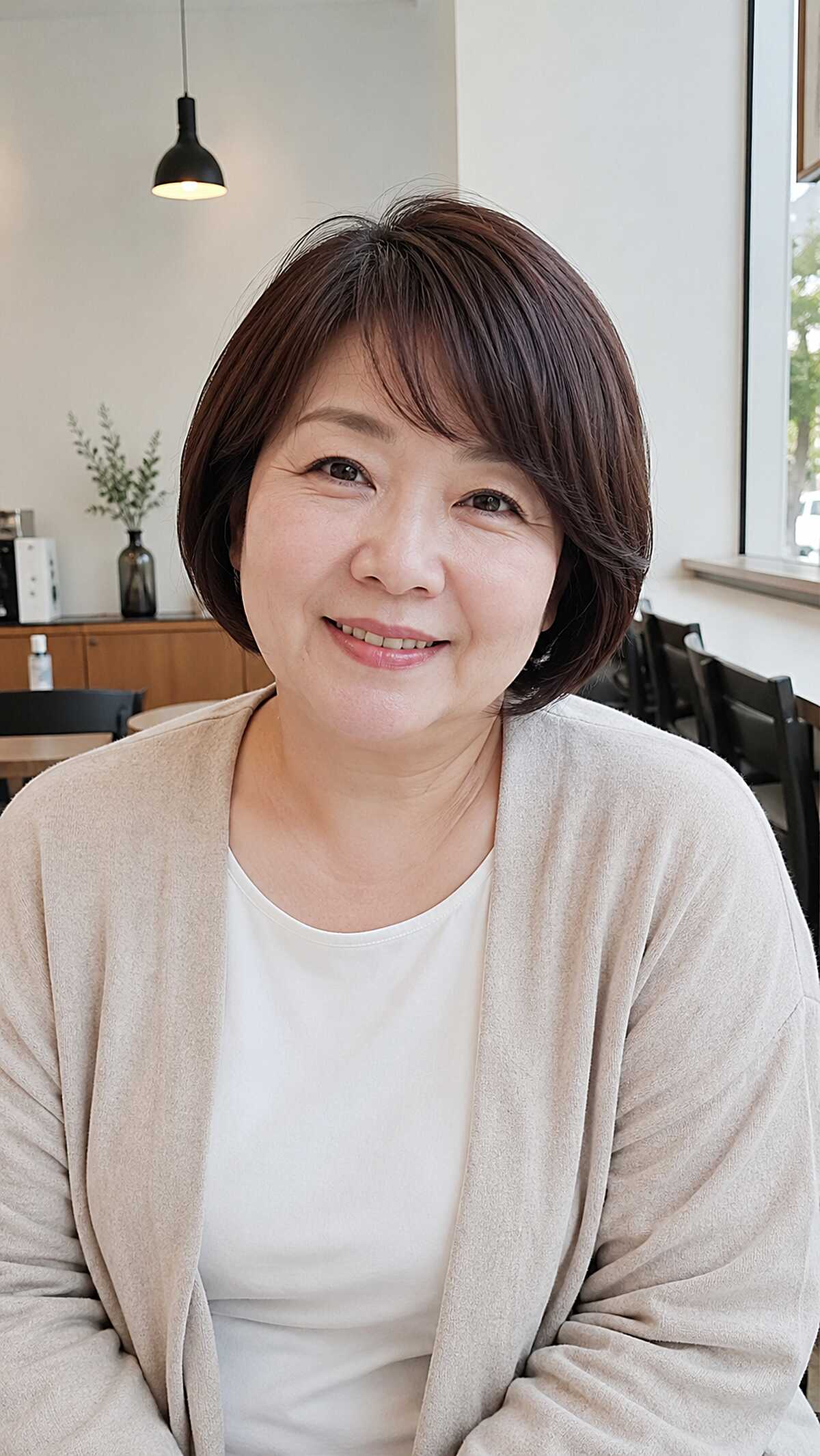 Polished dark brunette chin-length bob with side bangs