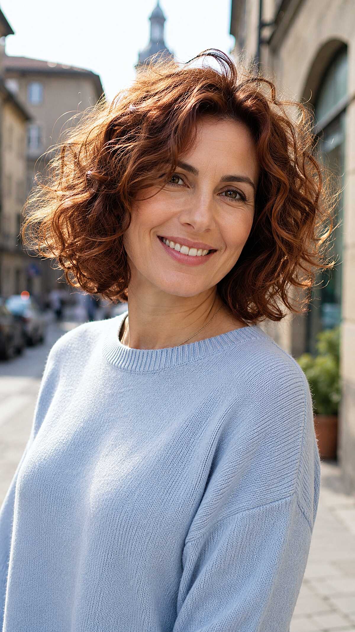 Rich auburn curly bob with warm depth and volume