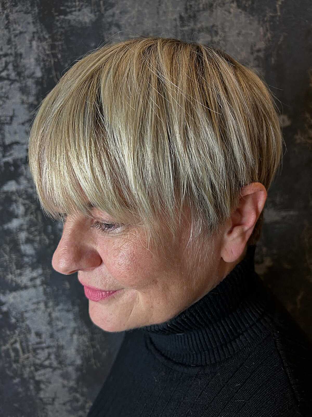Sleek blonde bixie with bowl-cut shape and full bangs