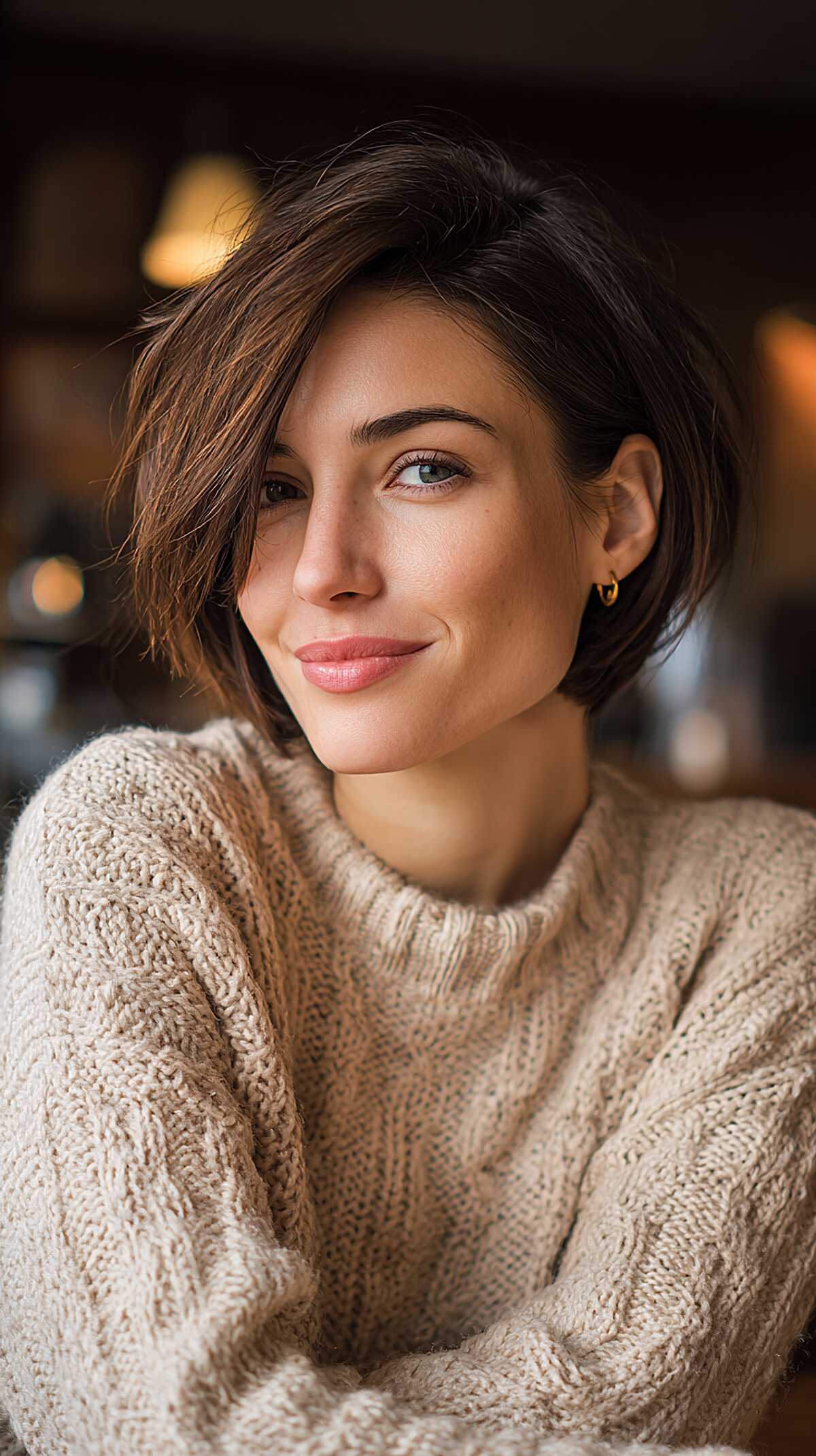 Sleek short brunette bob with subtle asymmetry