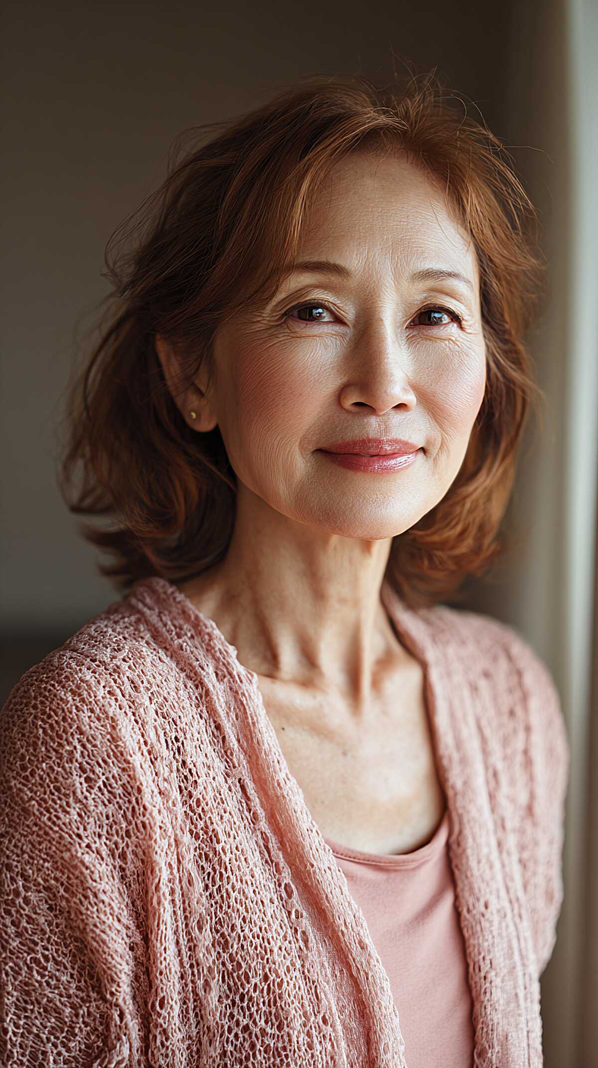 Soft auburn feathered bob with flipped ends on mature woman