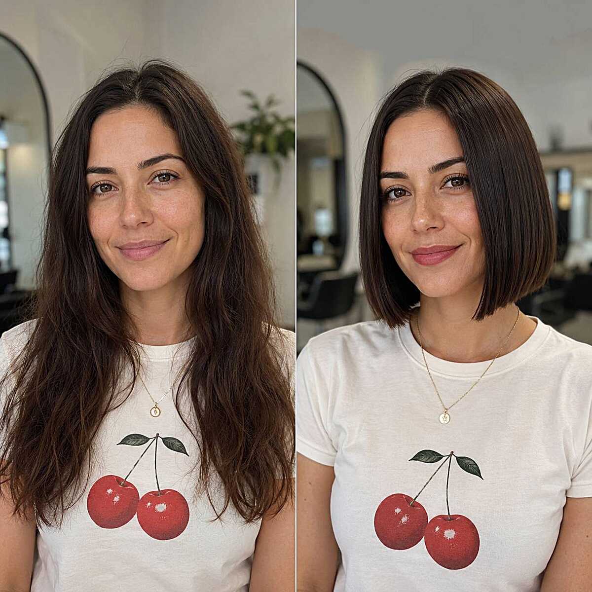 Before and after long hair to short soft blunt bob
