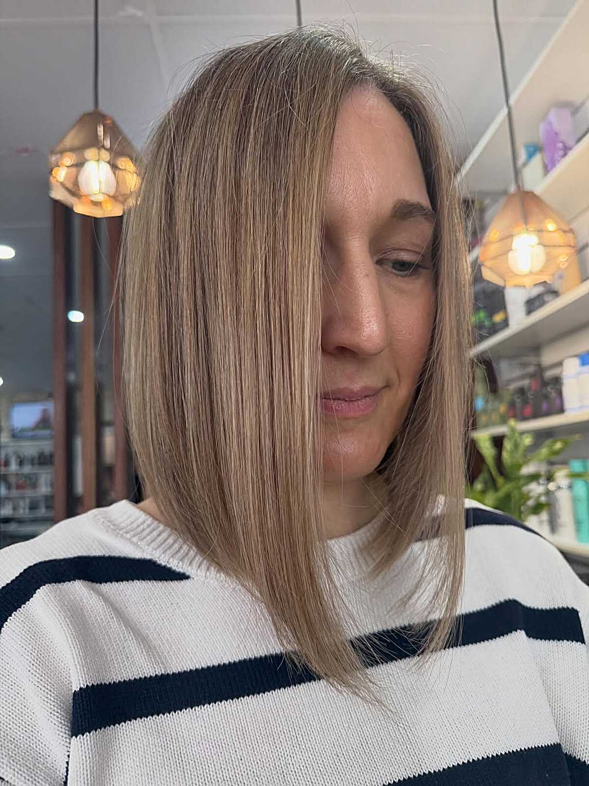 Long soft blunt bob in cool dishwater blonde